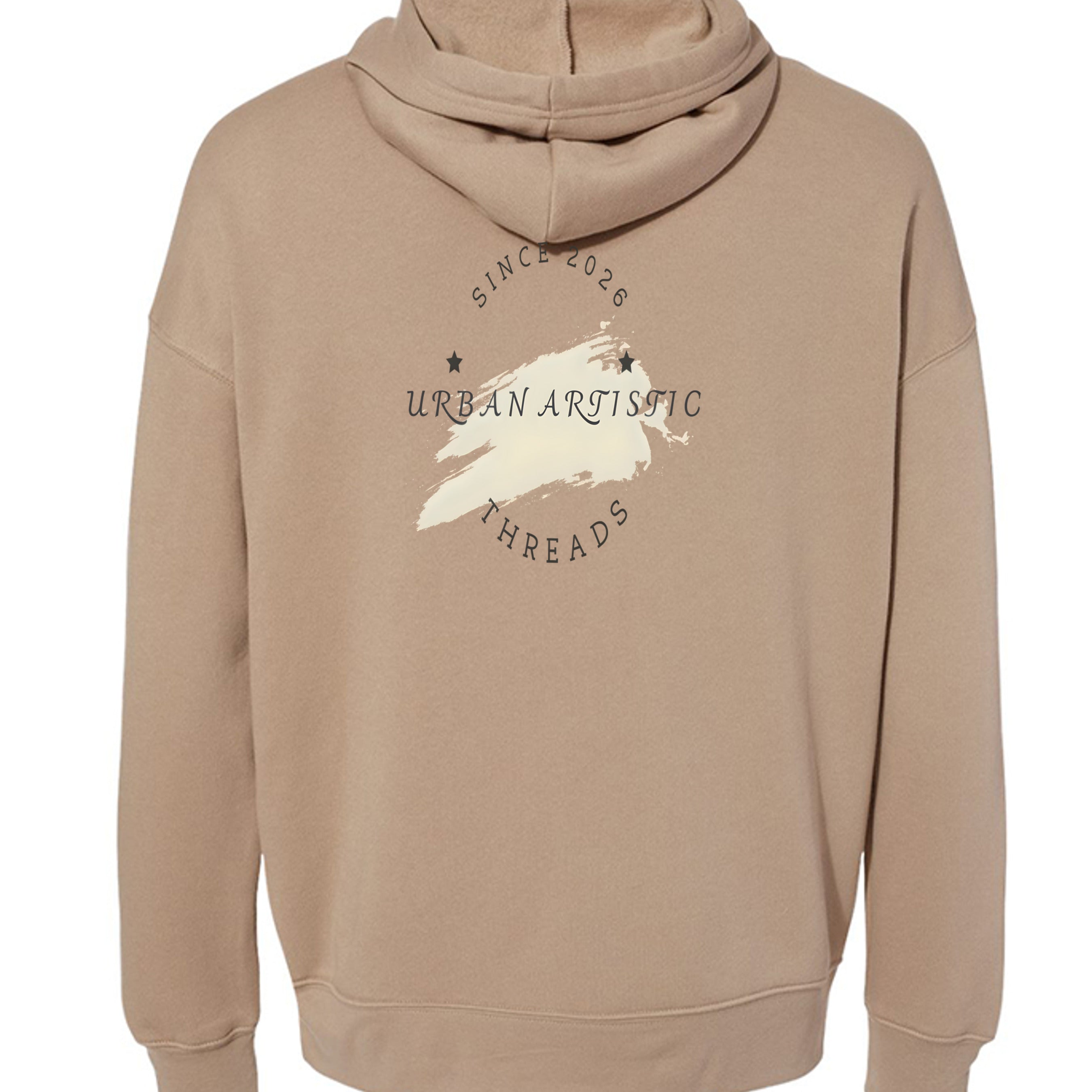 Beige Urban Artistic Threads hoodie for city life streetwear with circular logo and brush-stroke graphic.