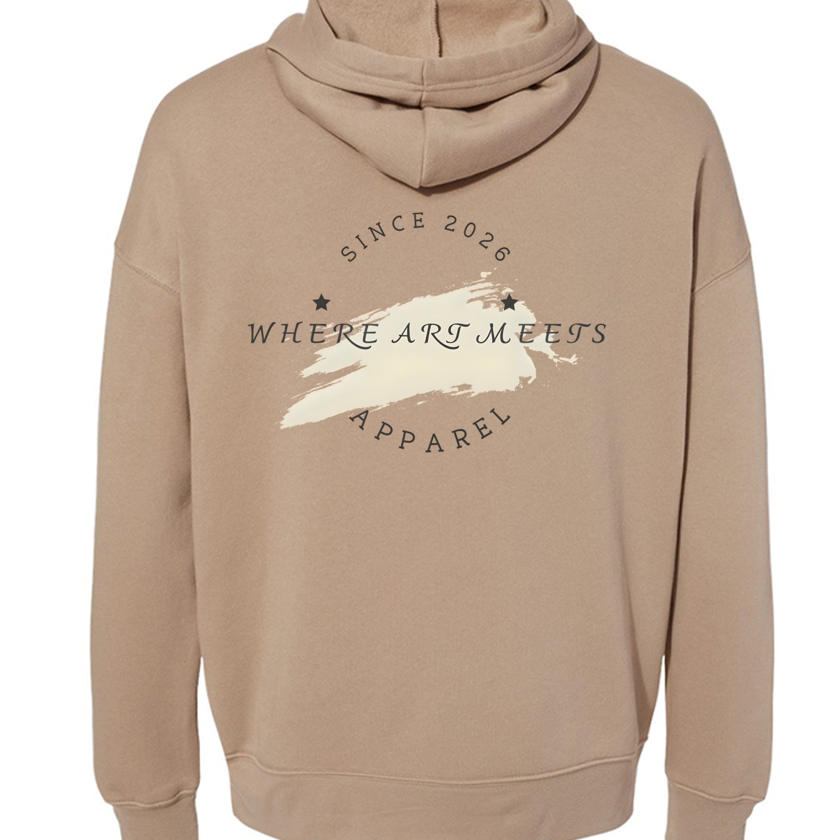 Urban Artistic Threads Hoodie For City Life Streetwear in tan with circular city-art graphic and brush stroke.