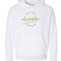 White hoodie with Urban Artistic Threads logo, circular text, and pastel paint splash.
