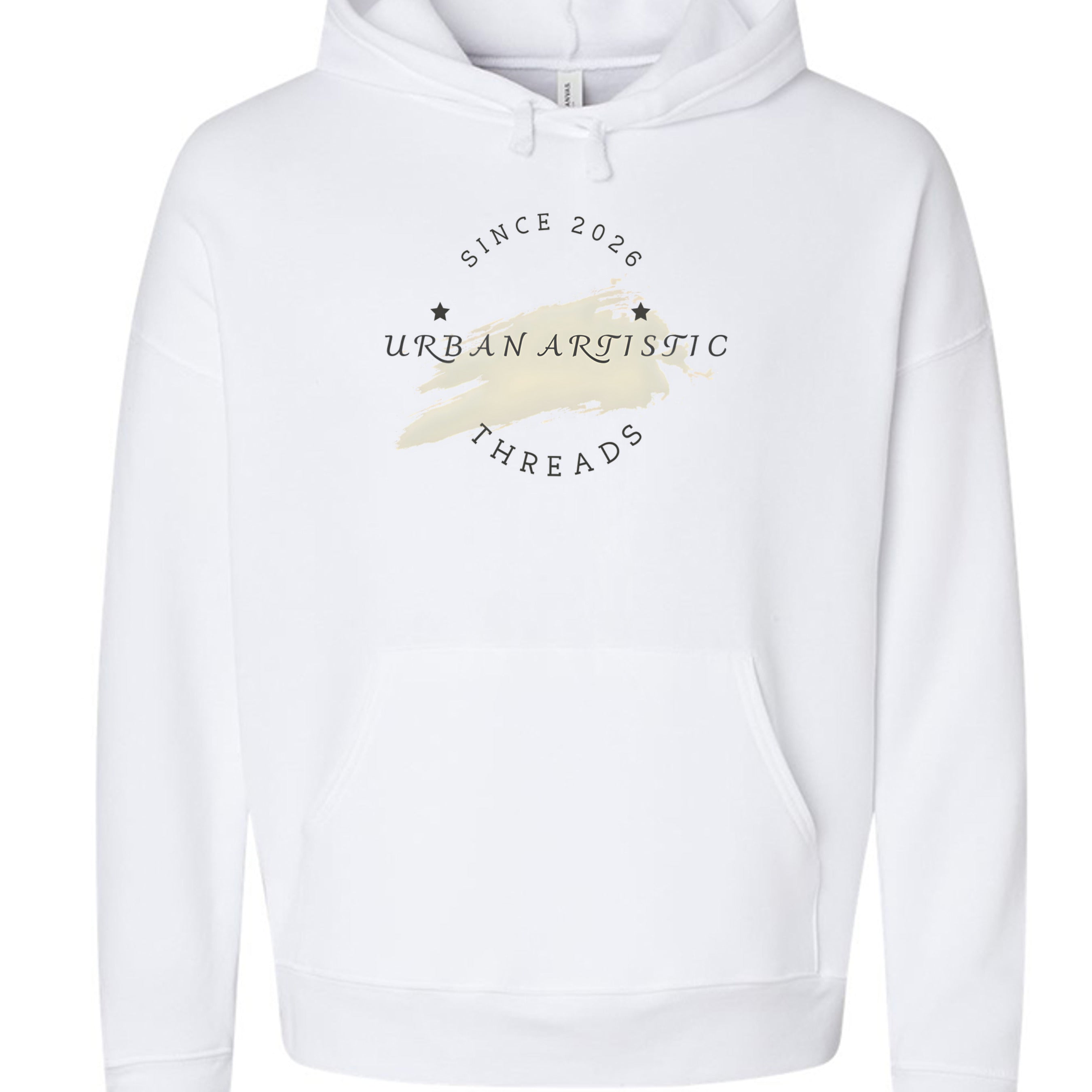 White hoodie with Urban Artistic Threads logo, circular text and beige paint splash.