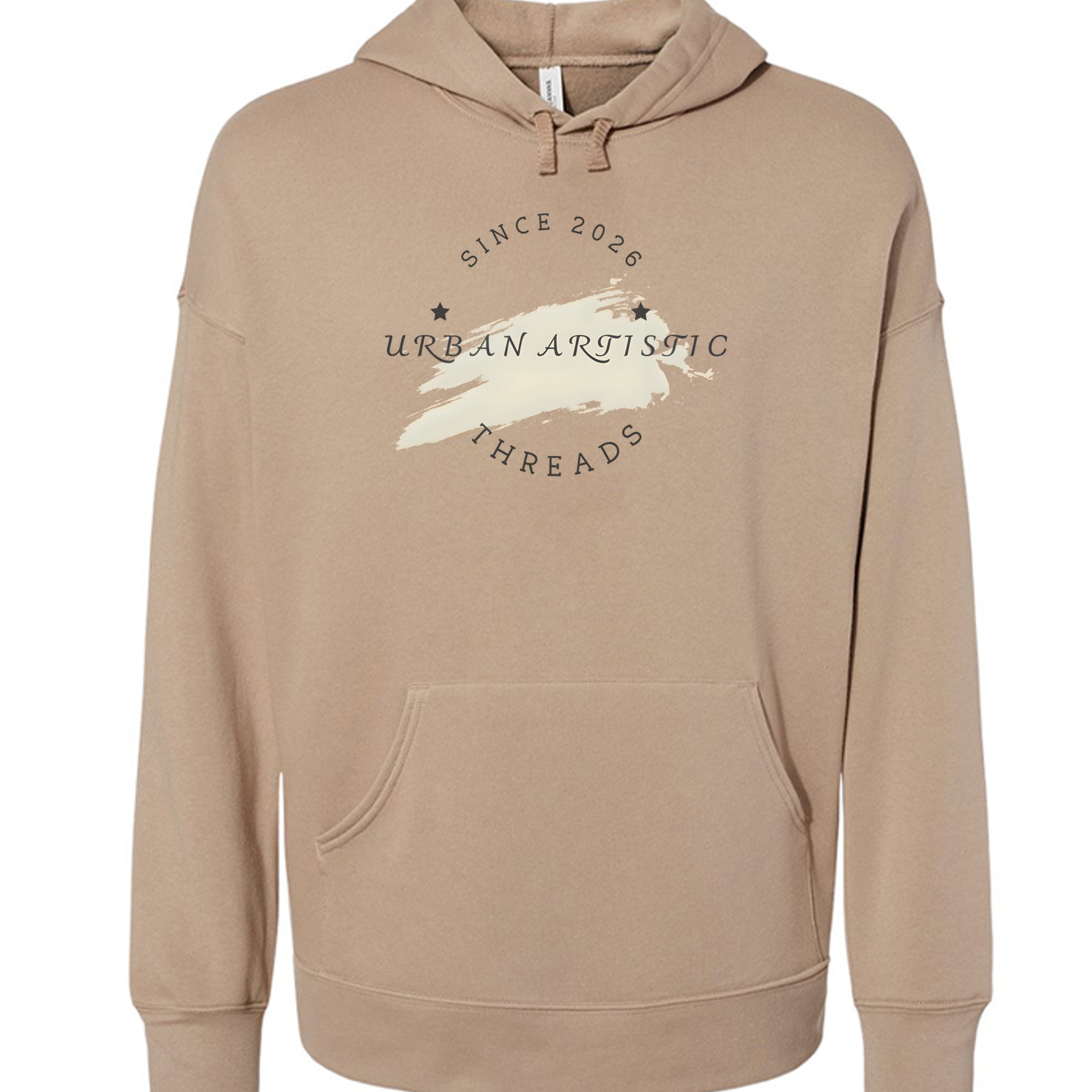 Beige Urban Artistic Threads hoodie with city-life circular logo and brushstroke graphic.