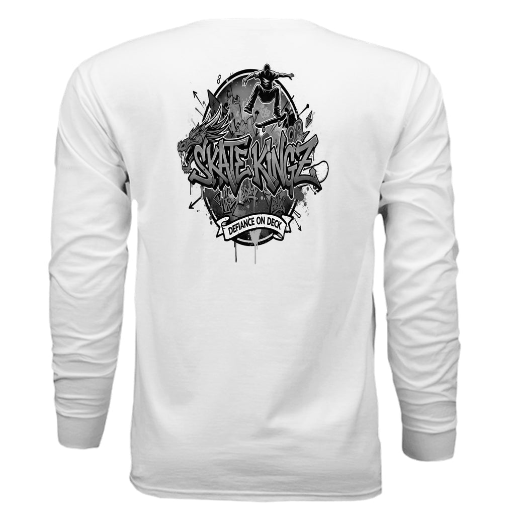 White long-sleeve tee with bold black-and-white skateboard graphic and Skate Kingz graffiti text