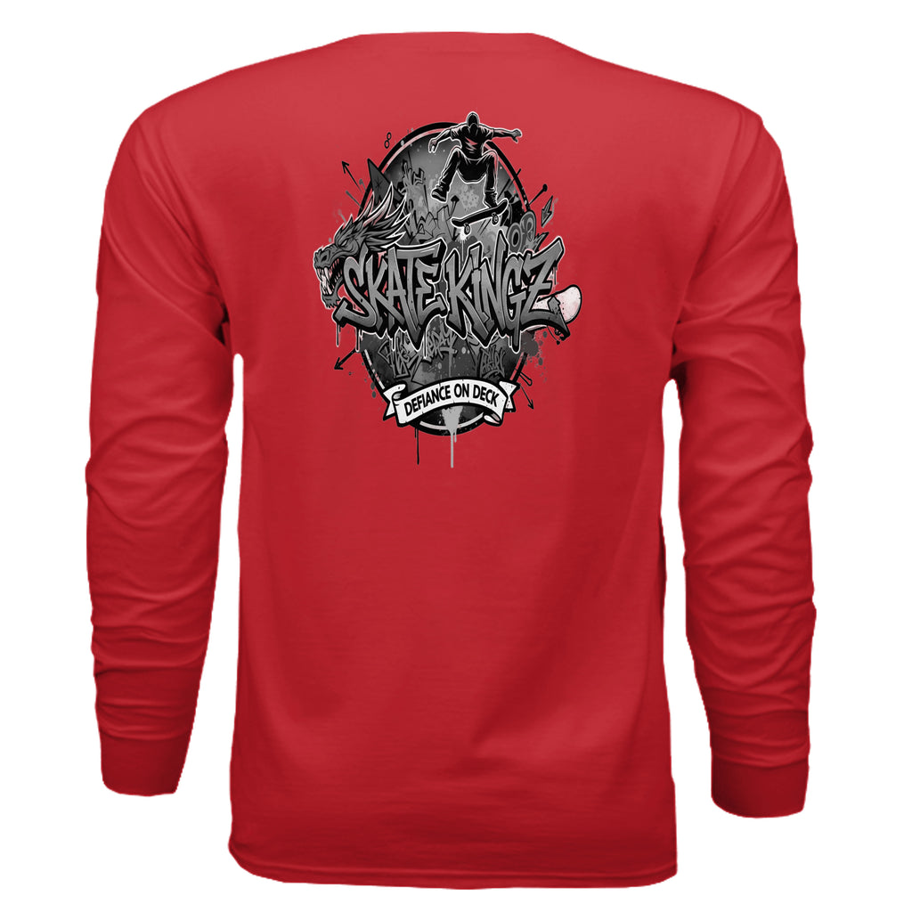 Red long-sleeve shirt featuring a bold black-and-white Skate Kingz circular skateboard graphic.