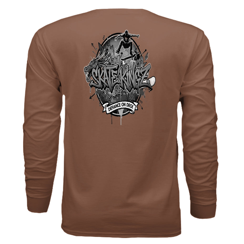 Brown long-sleeve shirt with back graphic of a black-and-white Skate Kingz skateboard logo and banner.