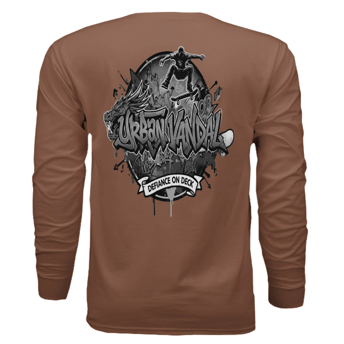 Urban Vandel Defiance On Deck long sleeve tee back featuring black graffiti logo with dragon and skateboarder graphic.