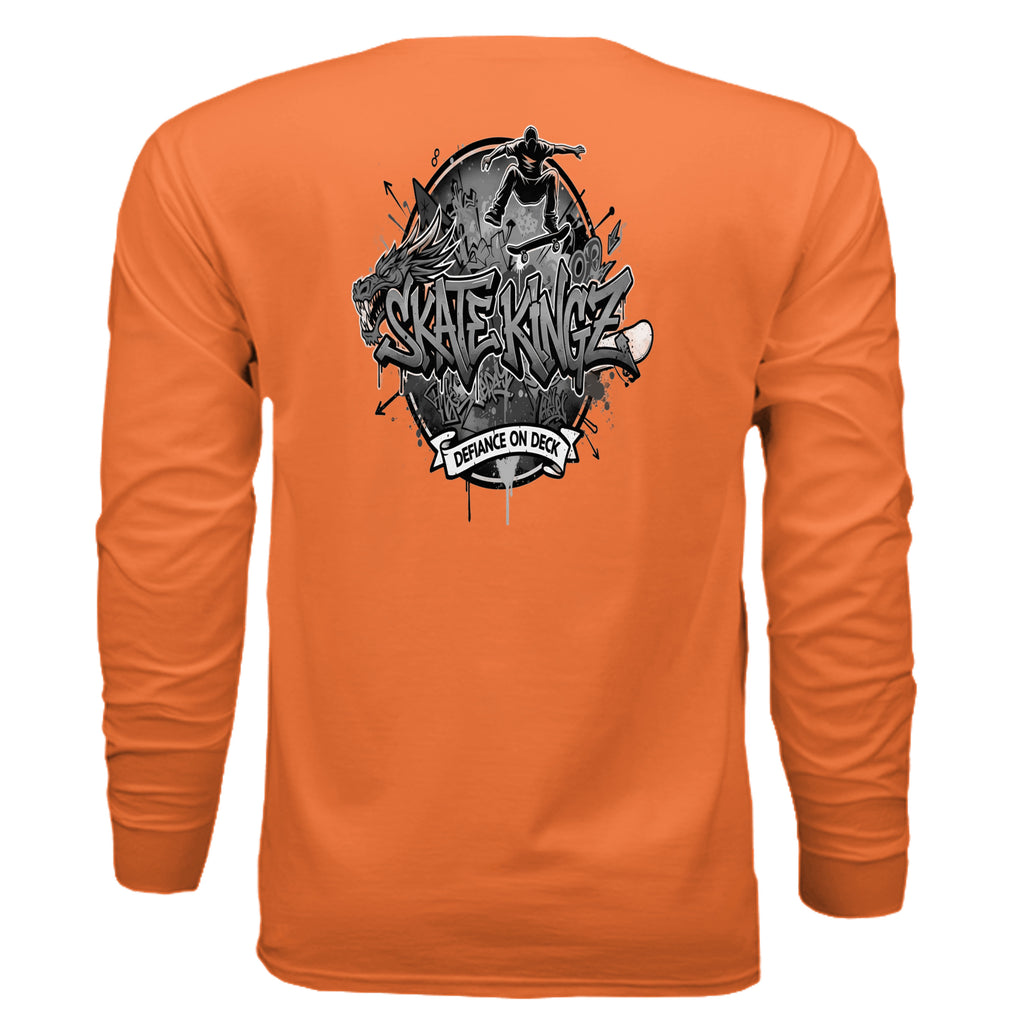 Orange long-sleeve shirt featuring black-and-white Skate Kingz graphic with a skateboarder and dragon emblem.
