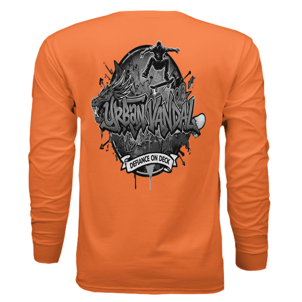 Orange long sleeve tee featuring black and white Urban Vandal logo with graffiti wolf, skateboarder, and Defiance On Deck banner.