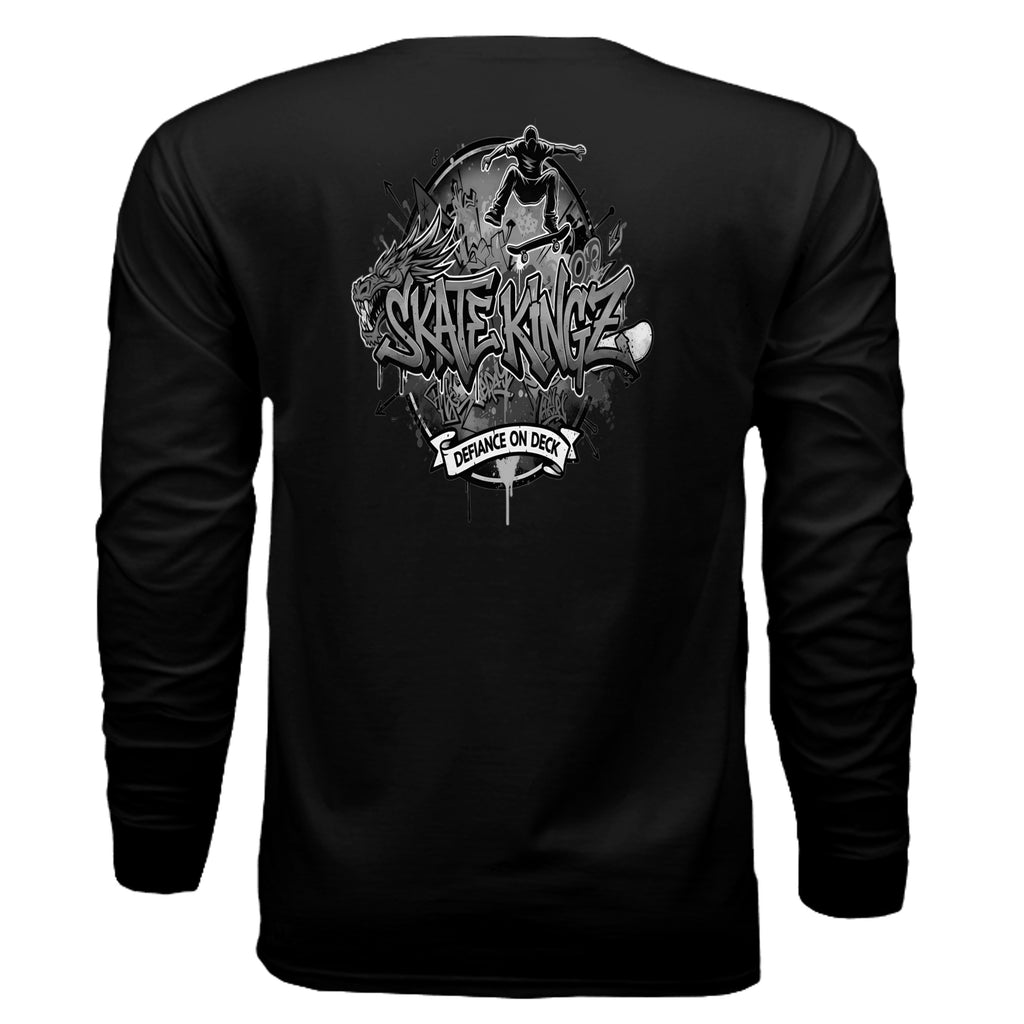 Back view of black long-sleeve shirt with grayscale Skate Kingz logo and skateboarder graphic.