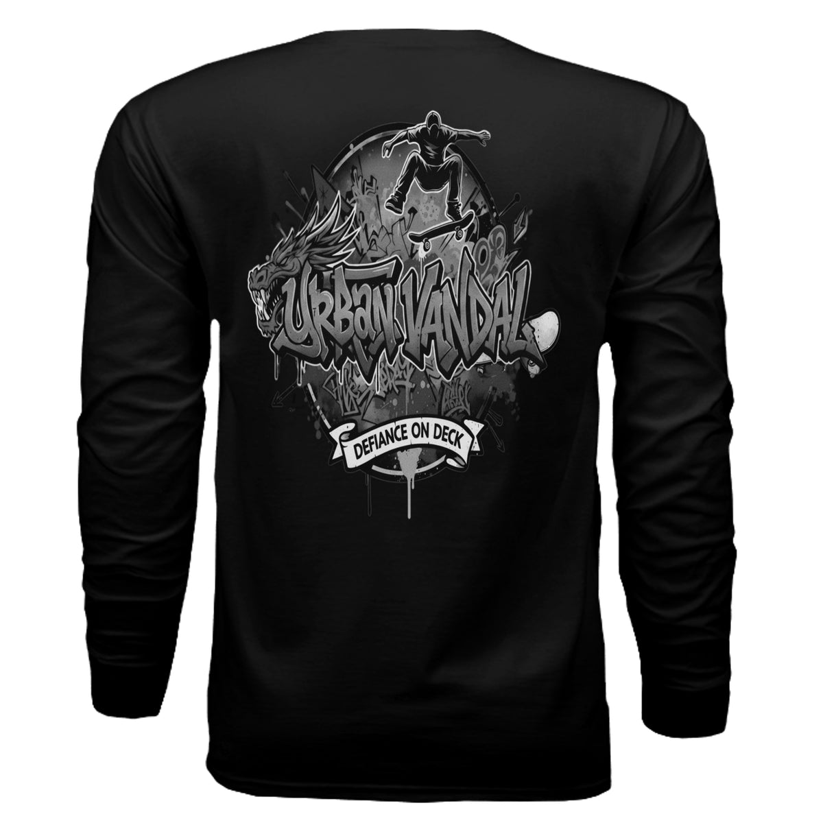 Black long sleeve tee back print featuring Urban Vandal graffiti logo, dragon graphic, skater illustration, and Defiance On Deck banner.