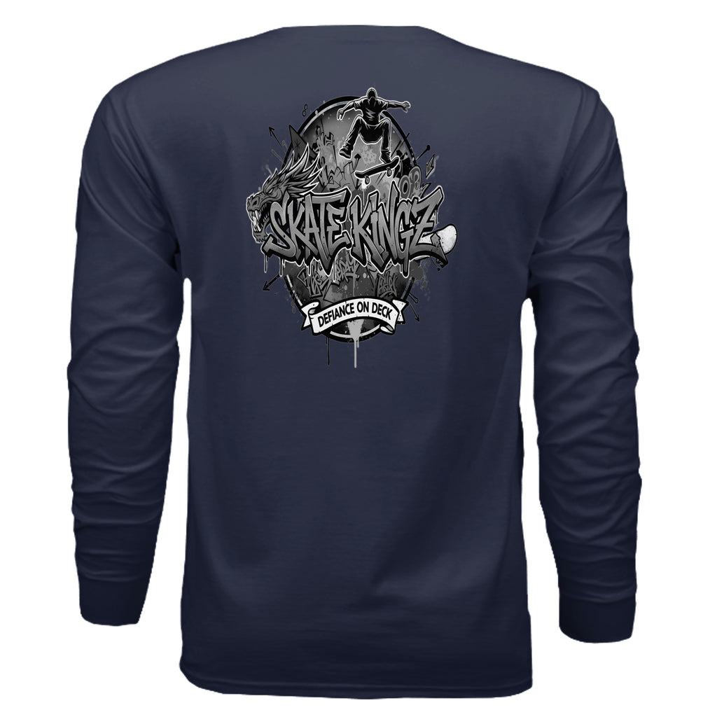 Navy long-sleeve shirt with a black-and-white Skate Kingz logo featuring a skater and graffiti text.
