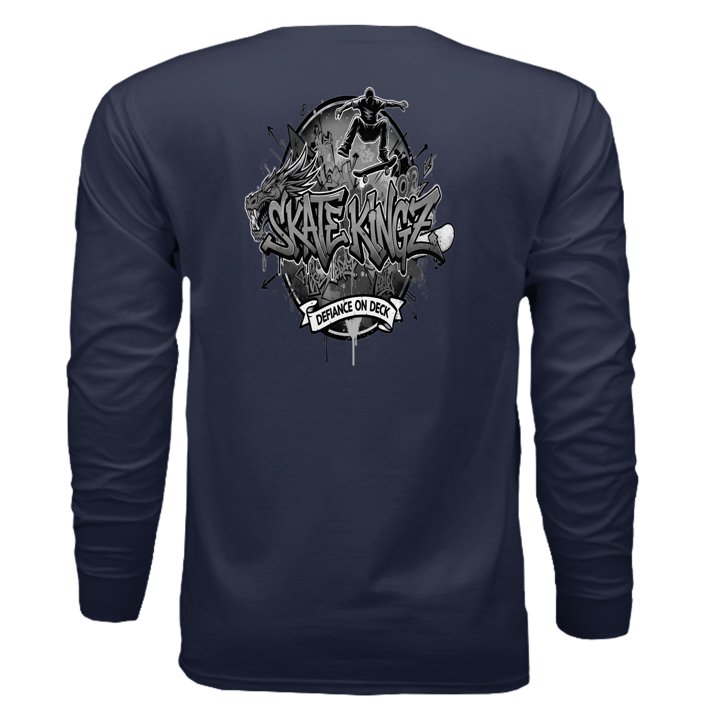 Navy long-sleeve shirt with a black-and-white Skate Kingz logo featuring a skater and graffiti text.
