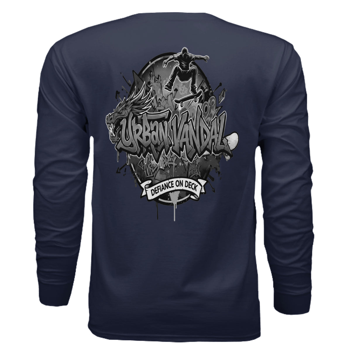 Back of navy Urban Vandal Defiance On Deck long sleeve featuring black and white skateboarder logo with dragon and graffiti text.