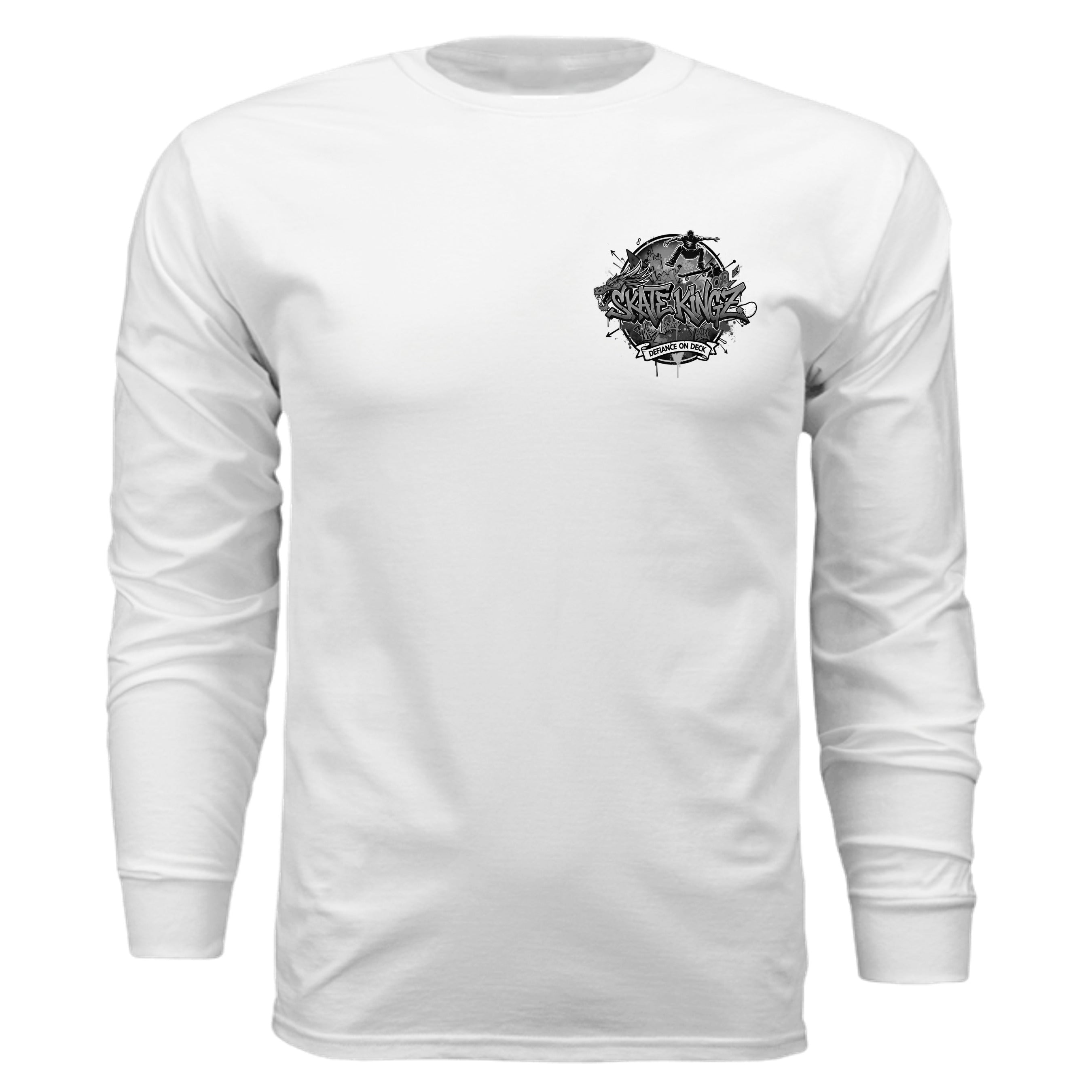 White long-sleeve shirt featuring a black-and-white Skate Kingz logo on the chest.
