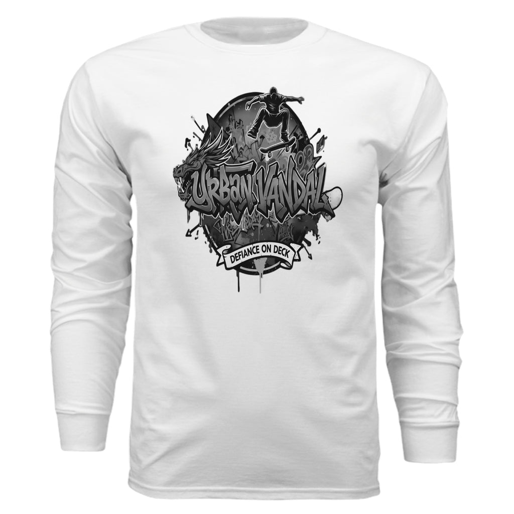White long sleeve tee featuring black Urban Vandal graffiti logo, dragon graphic, and "Defiance On Deck" text.