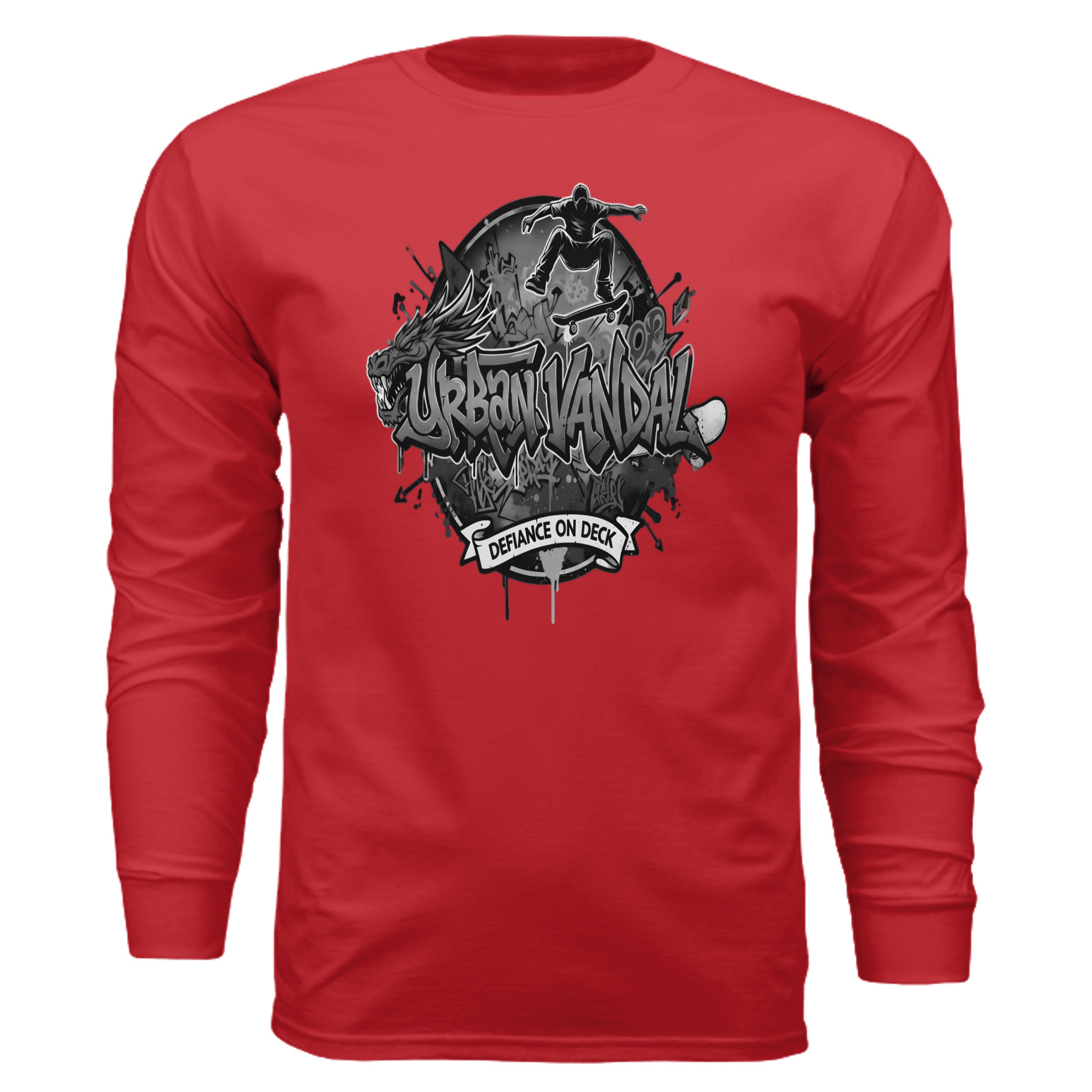 Urban Vandel Defiance On Deck black-and-white logo on red long-sleeve tee with skateboard graffiti design.