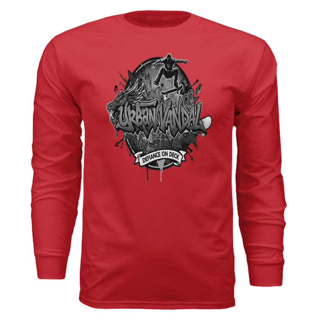 Red Urban Vandel long sleeve tee featuring a black and white graffiti logo with a dragon, skater, and "Defiance On Deck" text.
