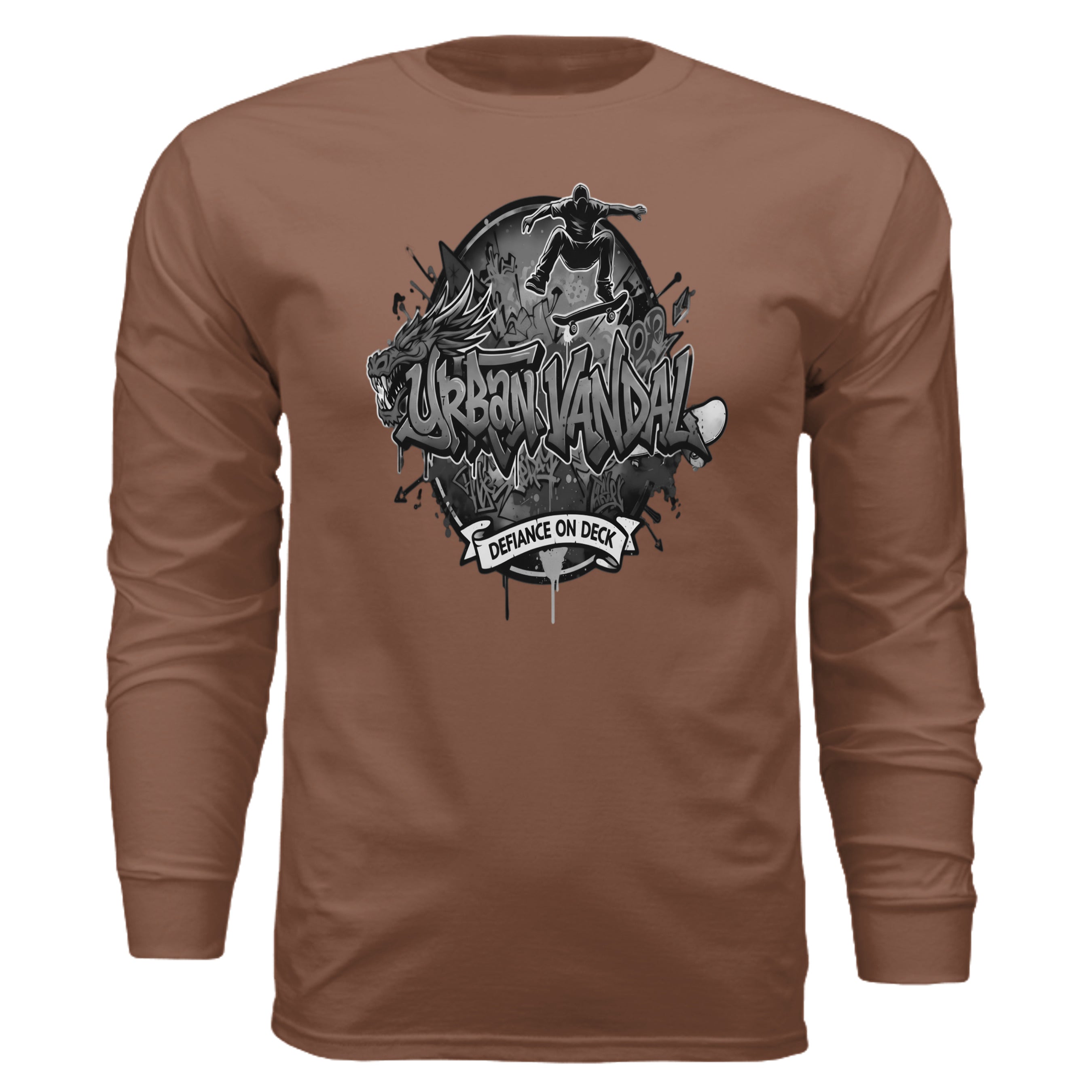 Urban Vandel Defiance On Deck long sleeve: bold black-and-white logo with skateboard art on a brown tee.