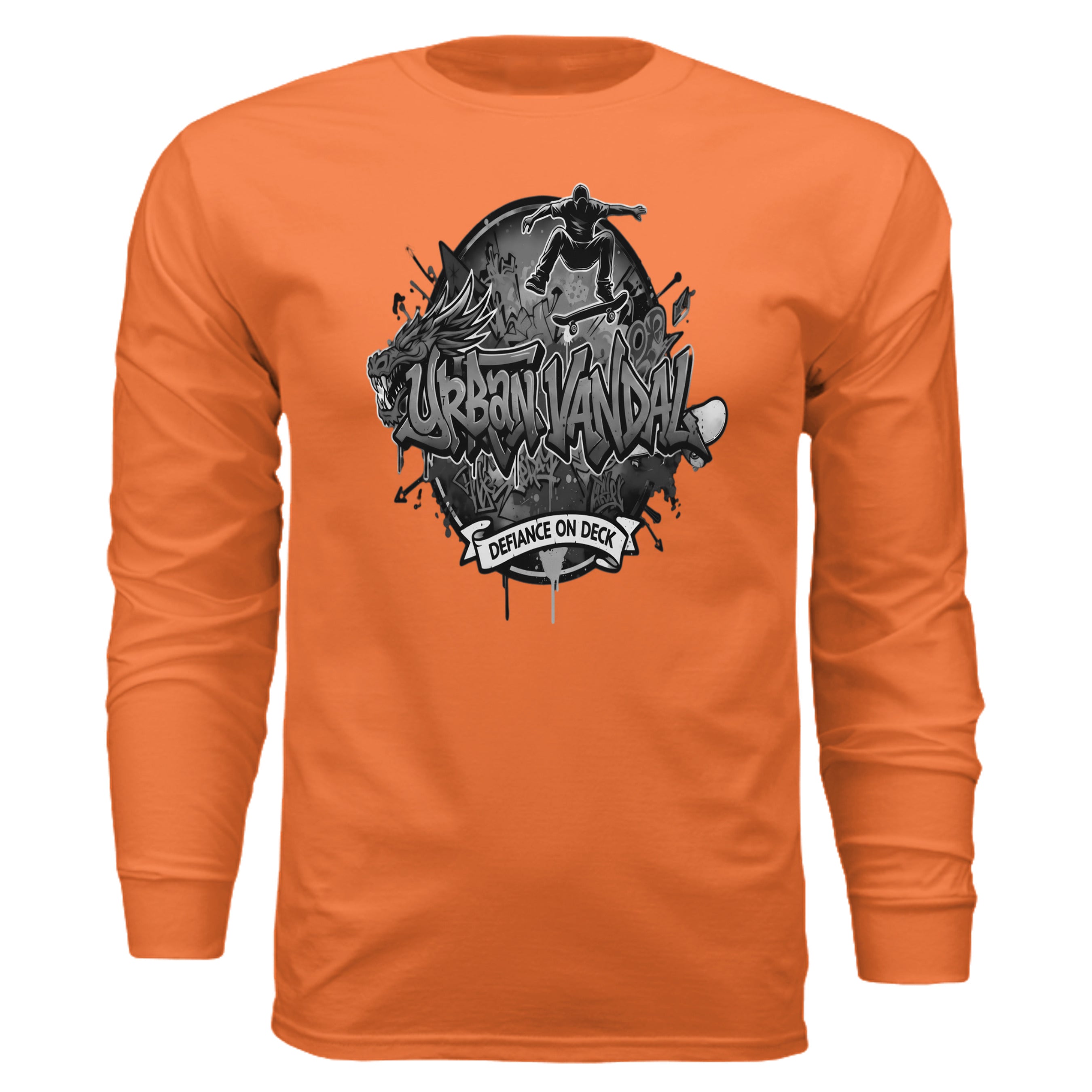 Urban Vandel Defiance On Deck black-and-white logo with skateboarder on orange long-sleeve tee.