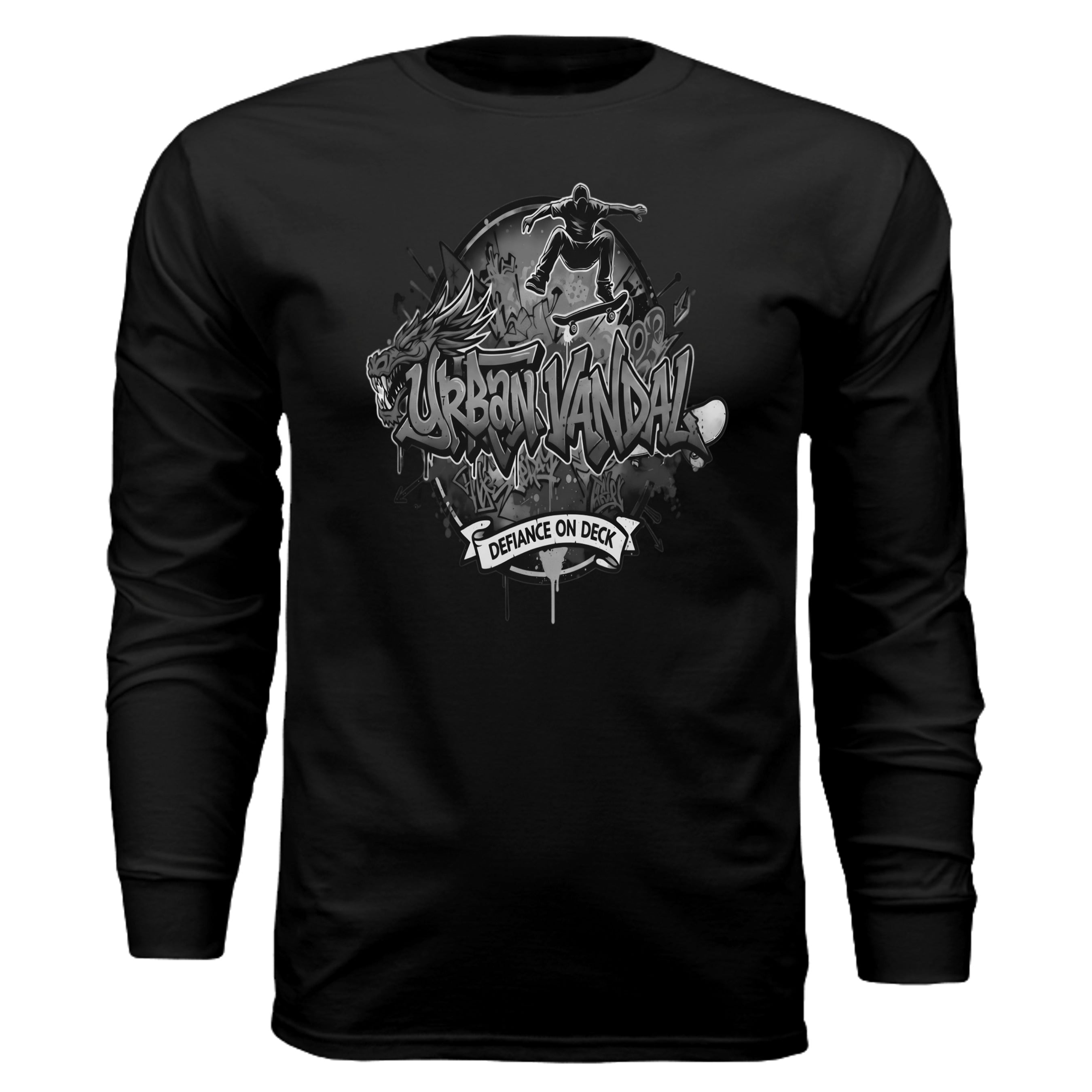 Urban Vandel Defiance On Deck black and white logo long sleeve tee with skateboard graphic