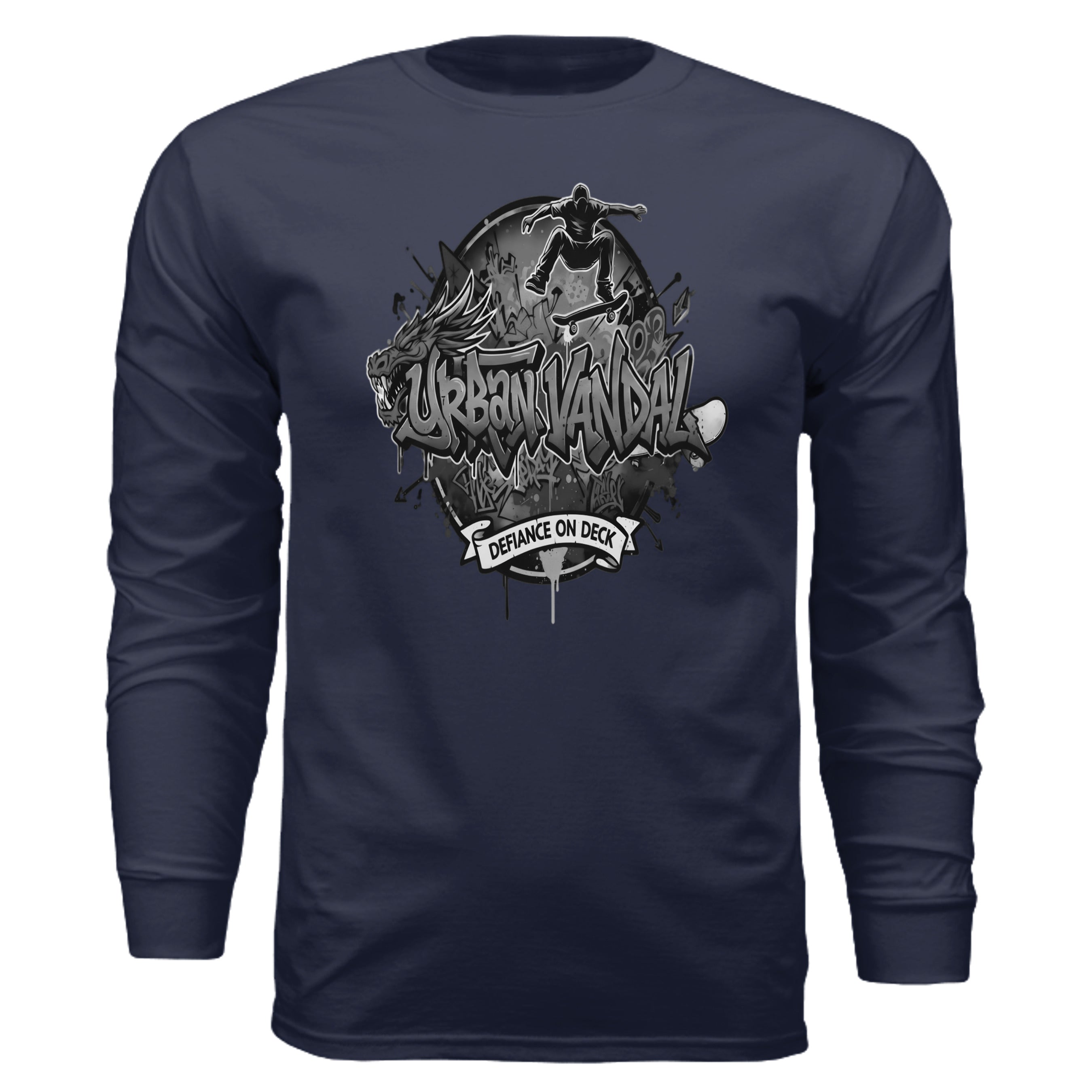 Urban Vandel Defiance On Deck navy long sleeve with black-and-white skateboard graffiti logo.