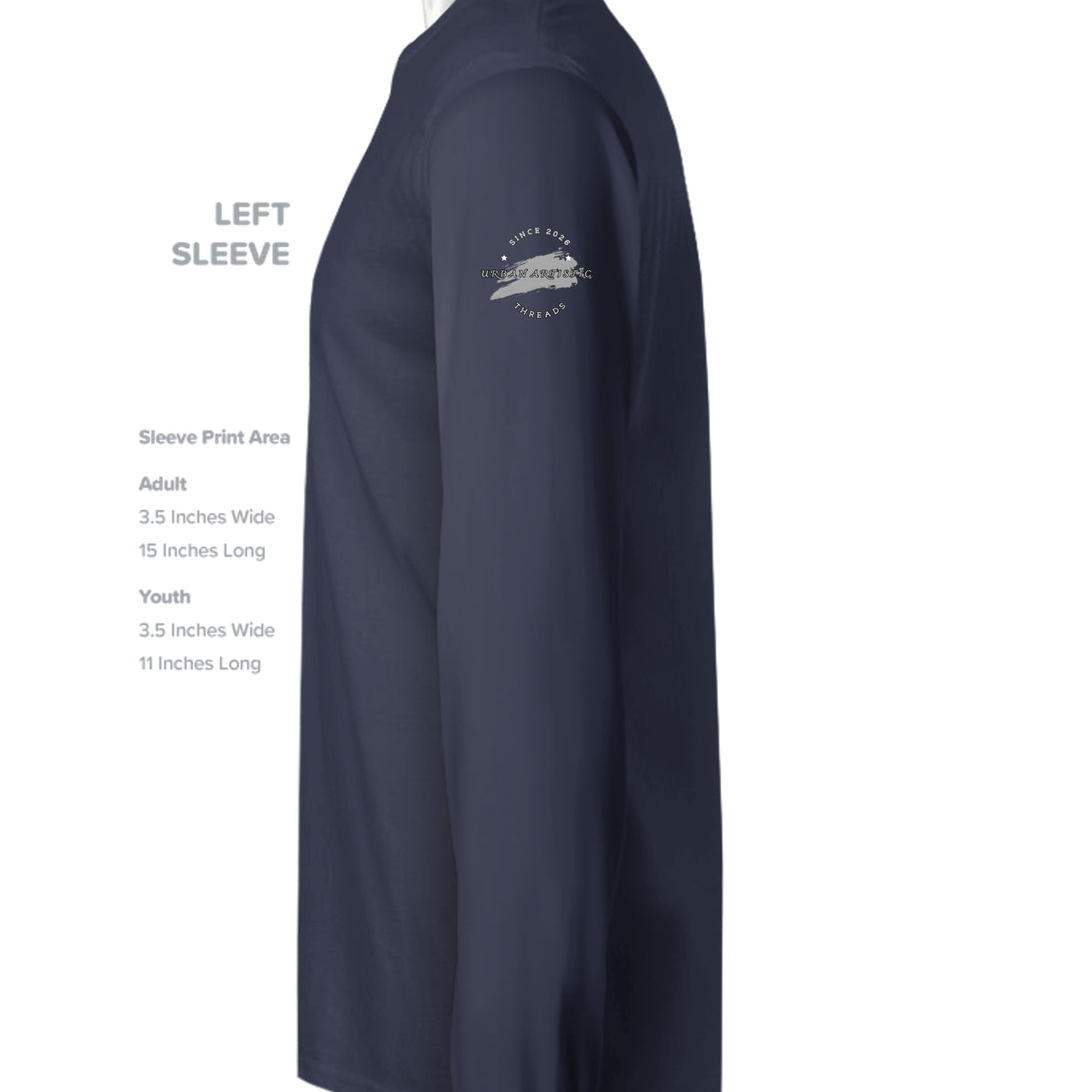 Dark navy long sleeve tee showing left sleeve placement with a white brushstroke logo. Skate style graphic top.