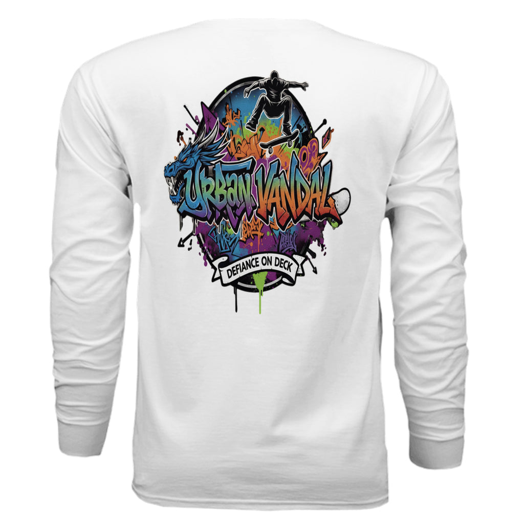 Urban Vandel: Defiance On Deck Long Sleeve back graphic featuring a colorful graffiti skateboarder.