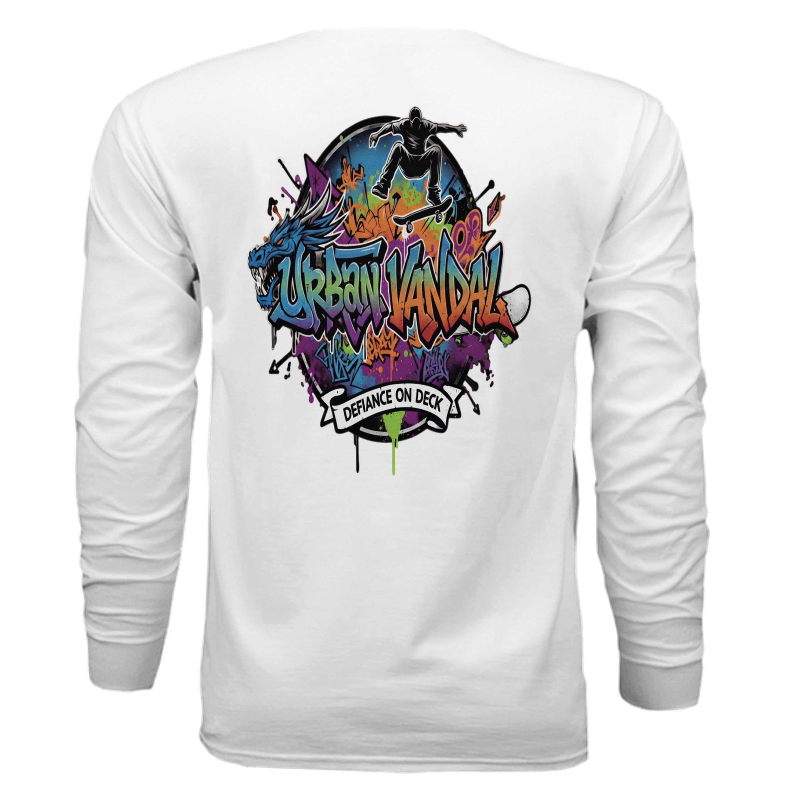 Urban Vandel: Defiance On Deck Long Sleeve back graphic featuring a colorful graffiti skateboarder.