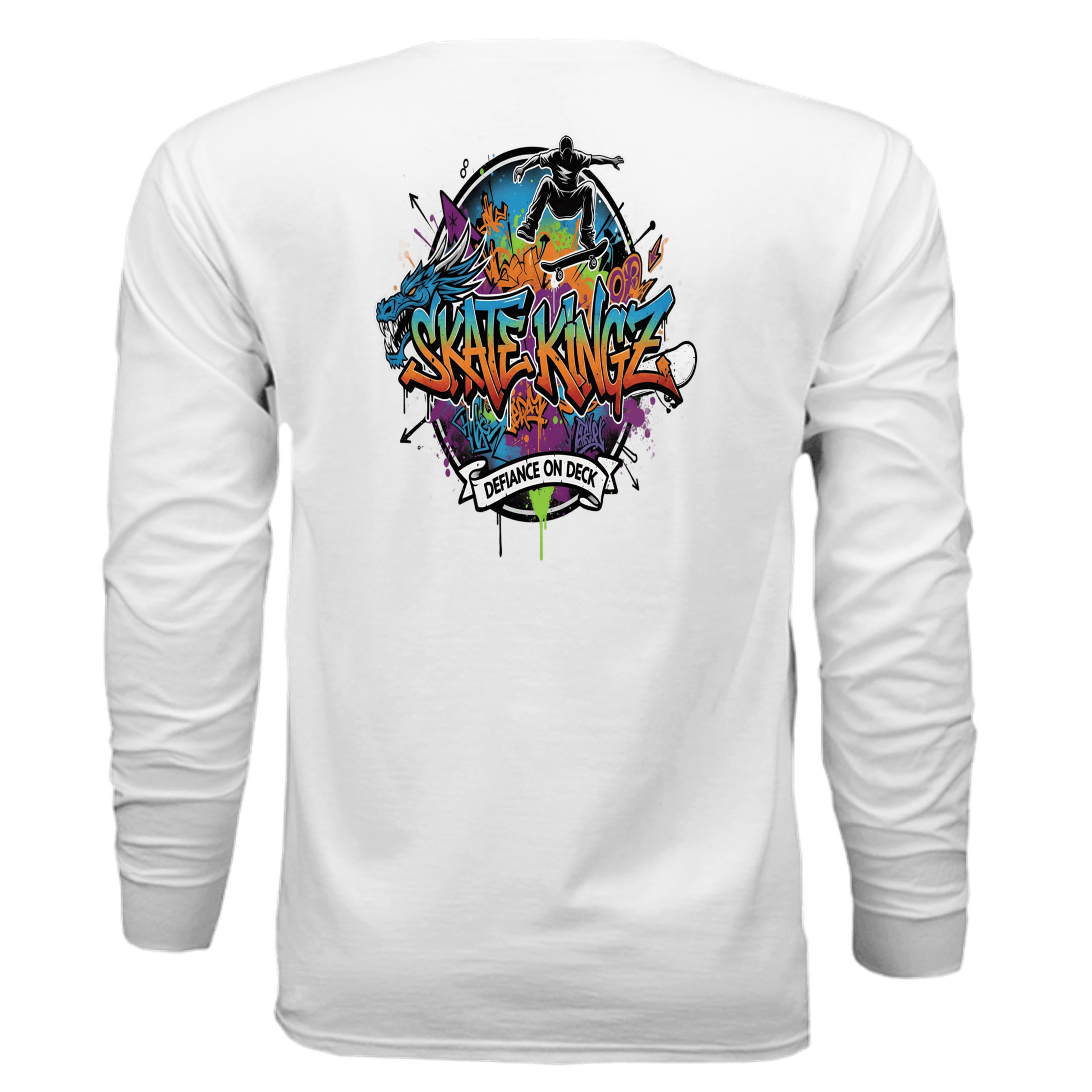 Back of white Skate Kingz Graffiti Long Sleeve Tee with colorful graffiti art, skater silhouette, and bold logo.