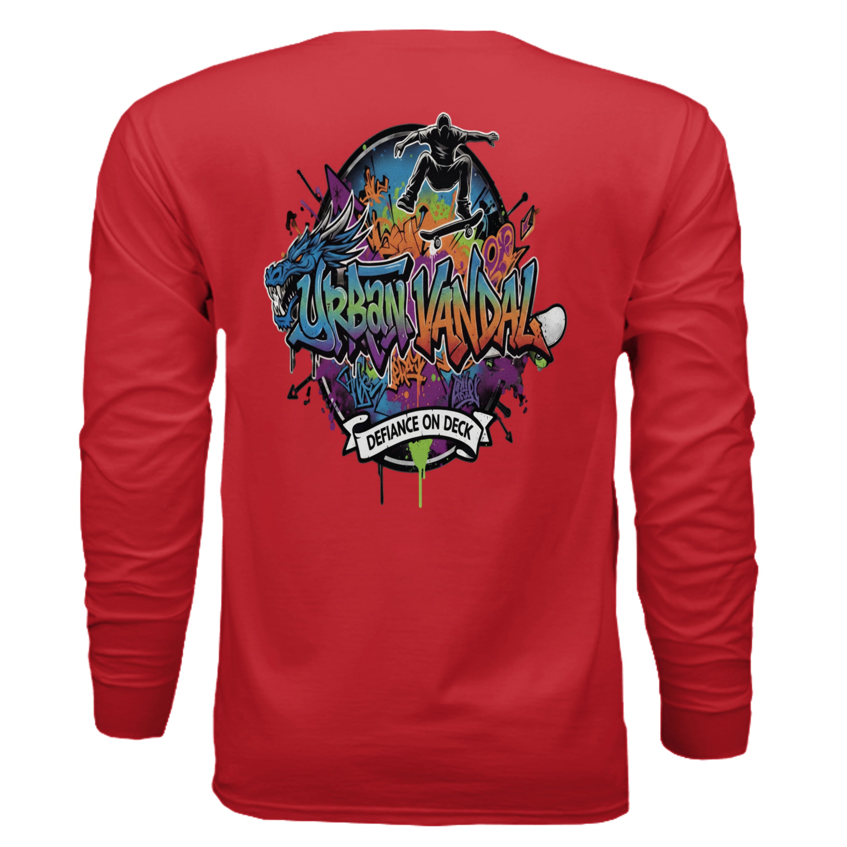Urban Vandel Defiance On Deck long sleeve tee with vibrant graffiti skateboard art on back