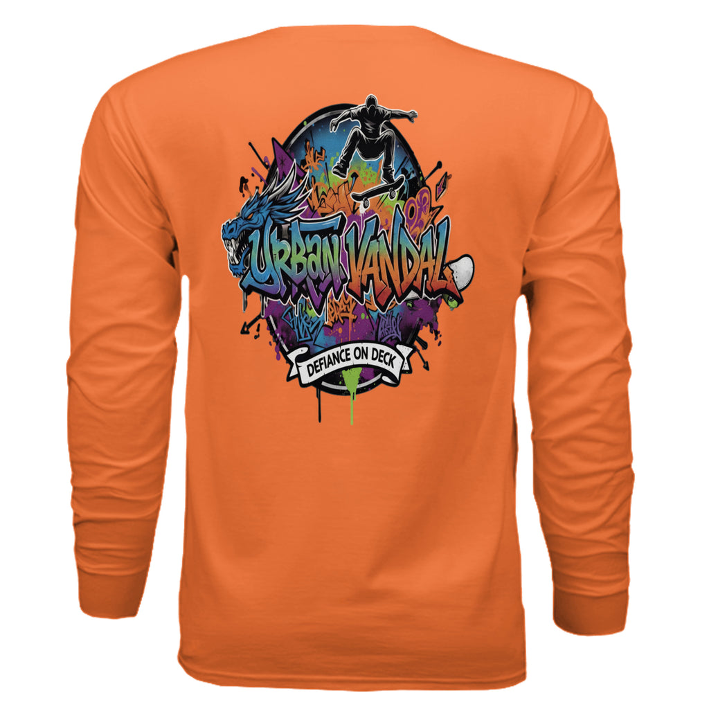 Urban Vandel: Defiance On Deck Long Sleeve on orange fabric with graffiti skateboarder and banner graphic