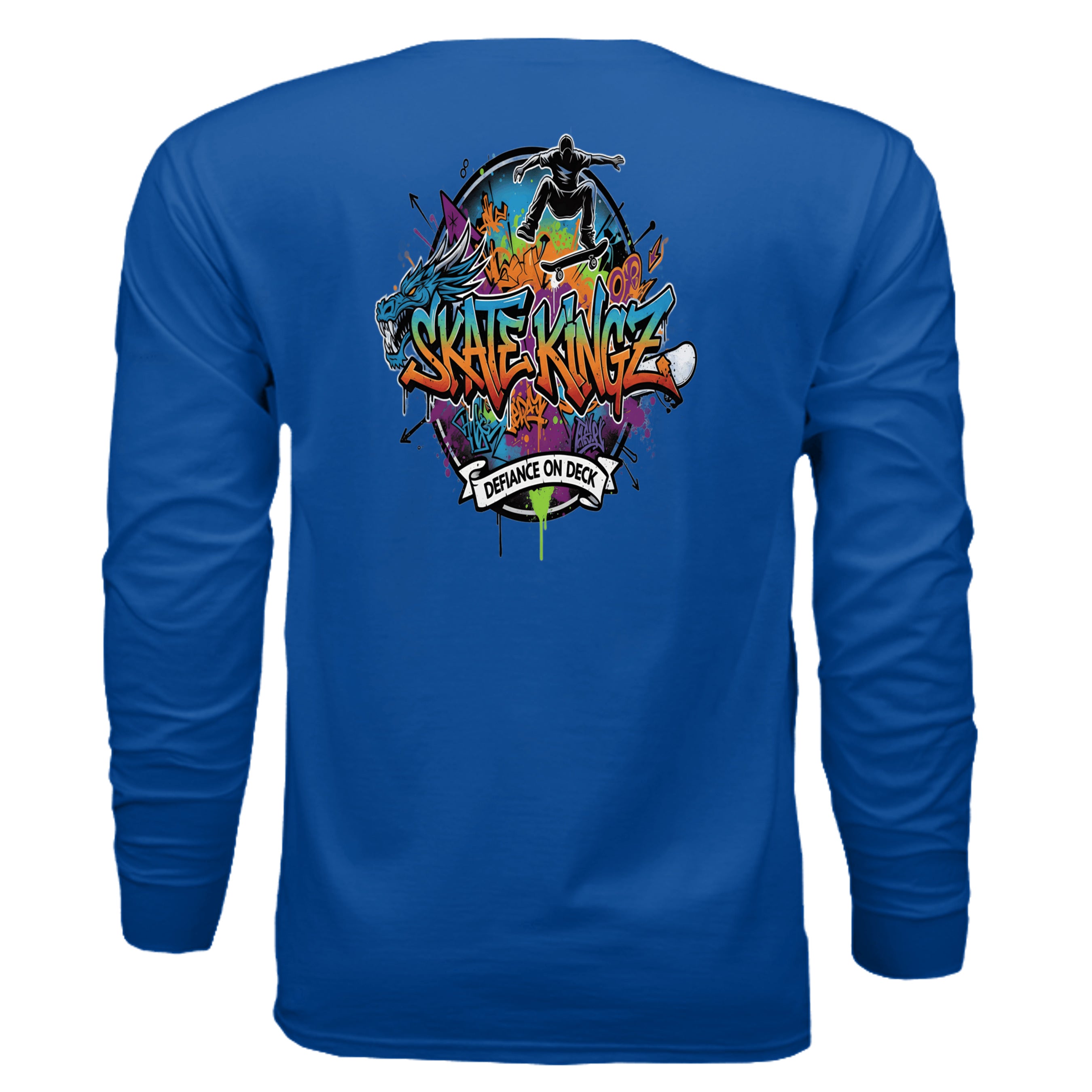 Skate Kingz Graffiti Long Sleeve Tee on blue, unisex streetwear graphic with skateboarder silhouette and lettering.
