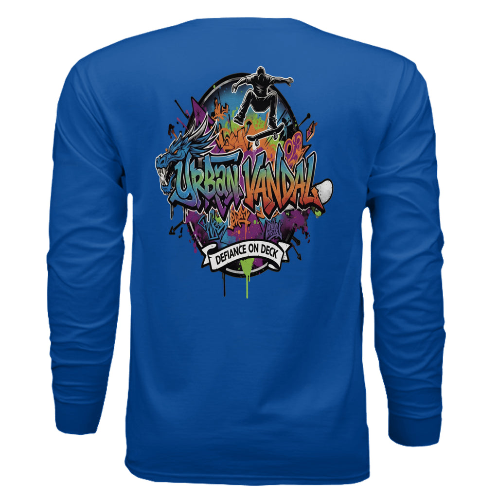 Blue Urban Vandel Defiance On Deck Long Sleeve with bold graffiti skateboarder graphic on back.