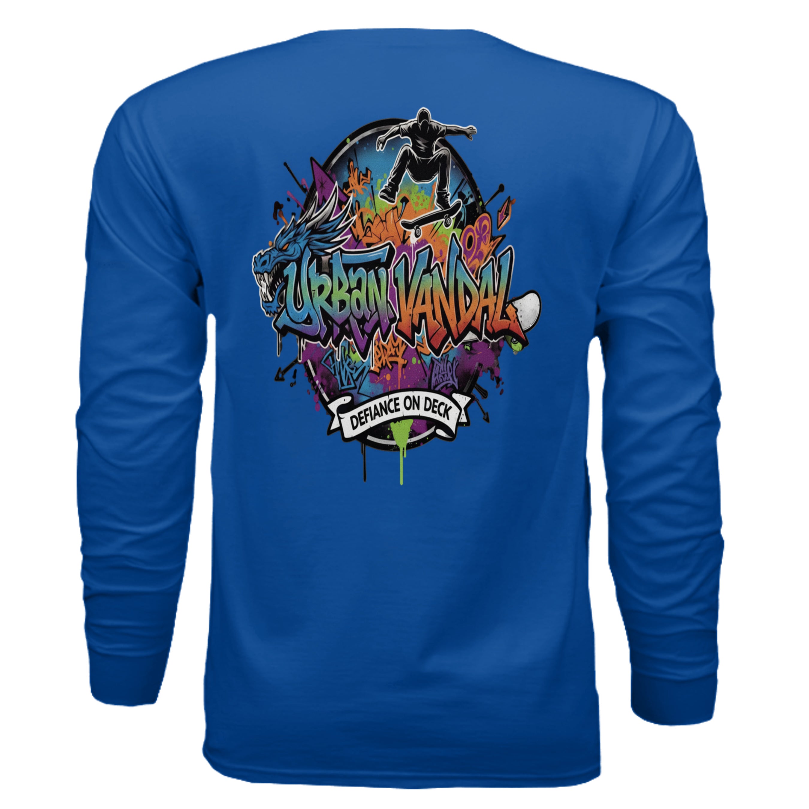 Blue Urban Vandel Defiance On Deck Long Sleeve with bold graffiti skateboarder graphic on back.