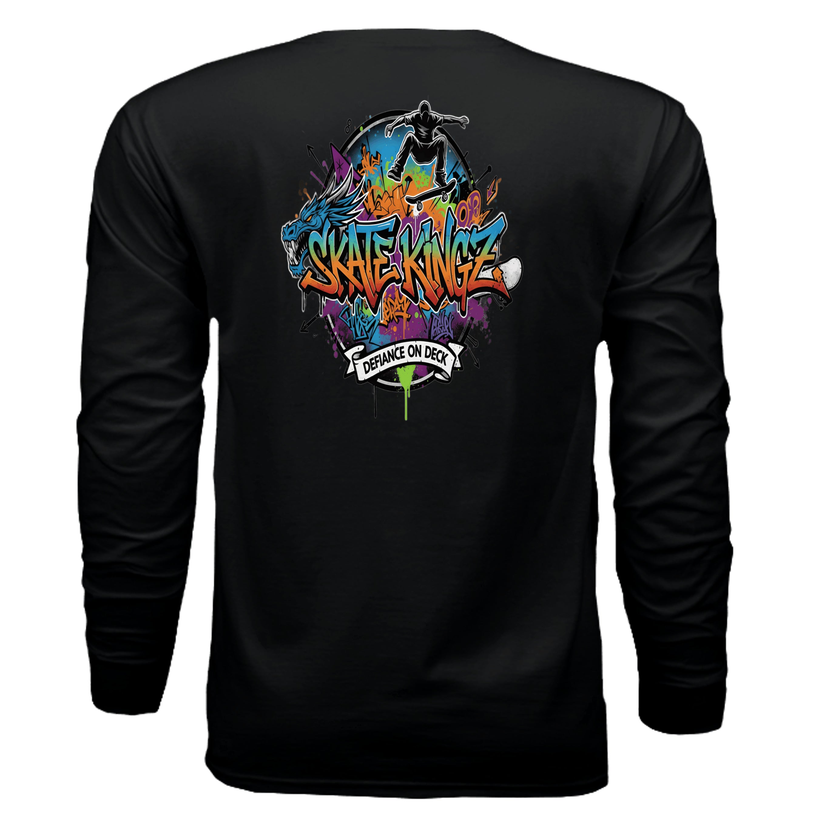 Back view of a black Skate Kingz Graffiti Long Sleeve Tee featuring a colorful graffiti mural and skateboarder.