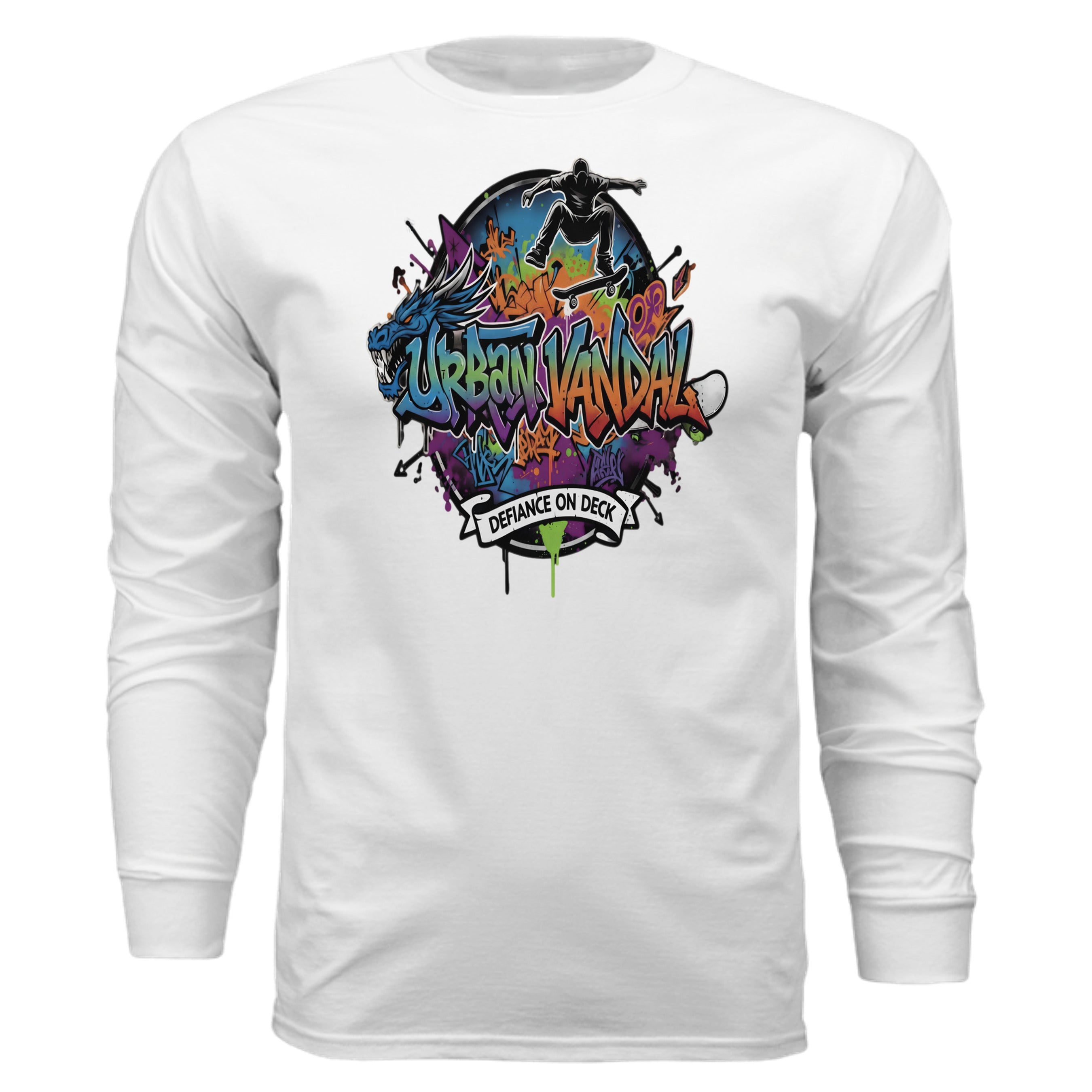 Urban Vandel: Defiance On Deck Long Sleeve - white tee with vibrant graffiti art, skateboarder silhouette and dragon.