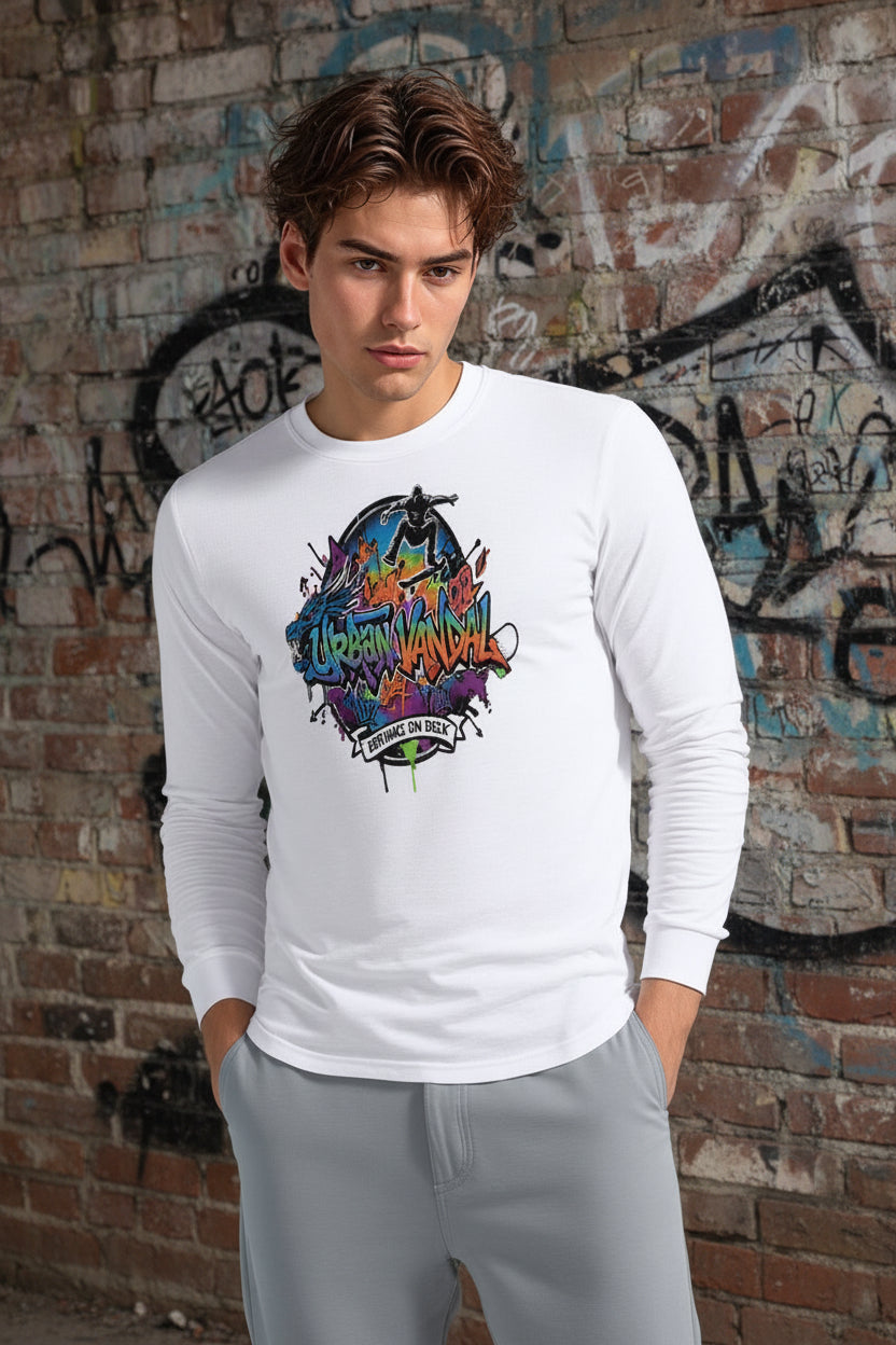 Urban Vandel Defiance On Deck Long Sleeve worn by male model; white tee with vibrant graffiti graphic for riders.