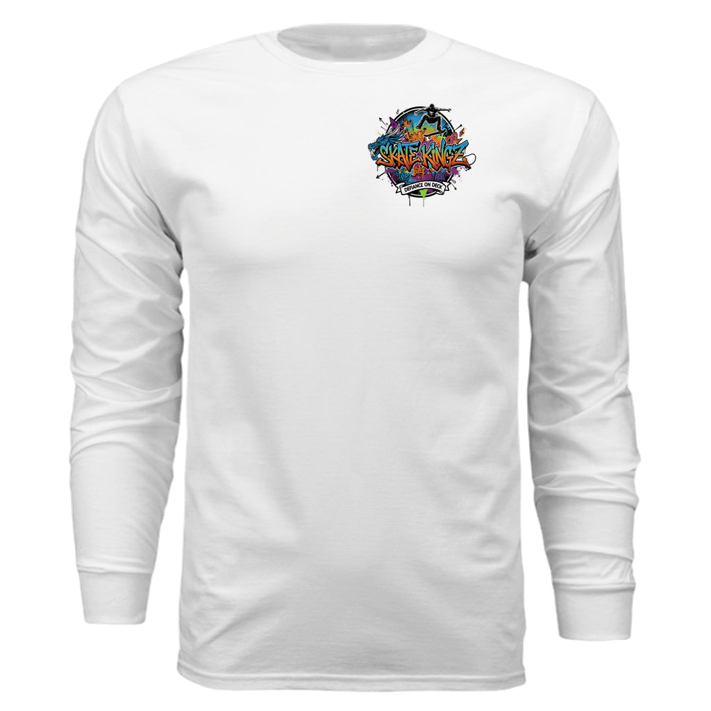 Skate Kingz Graffiti Long Sleeve Tee: white unisex tee featuring a colorful graffiti logo on the chest.