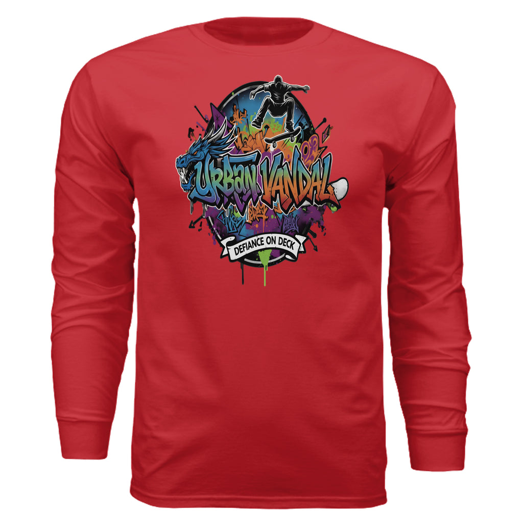 Urban Vandel: Defiance On Deck Long Sleeve tee with graffiti skateboard art.