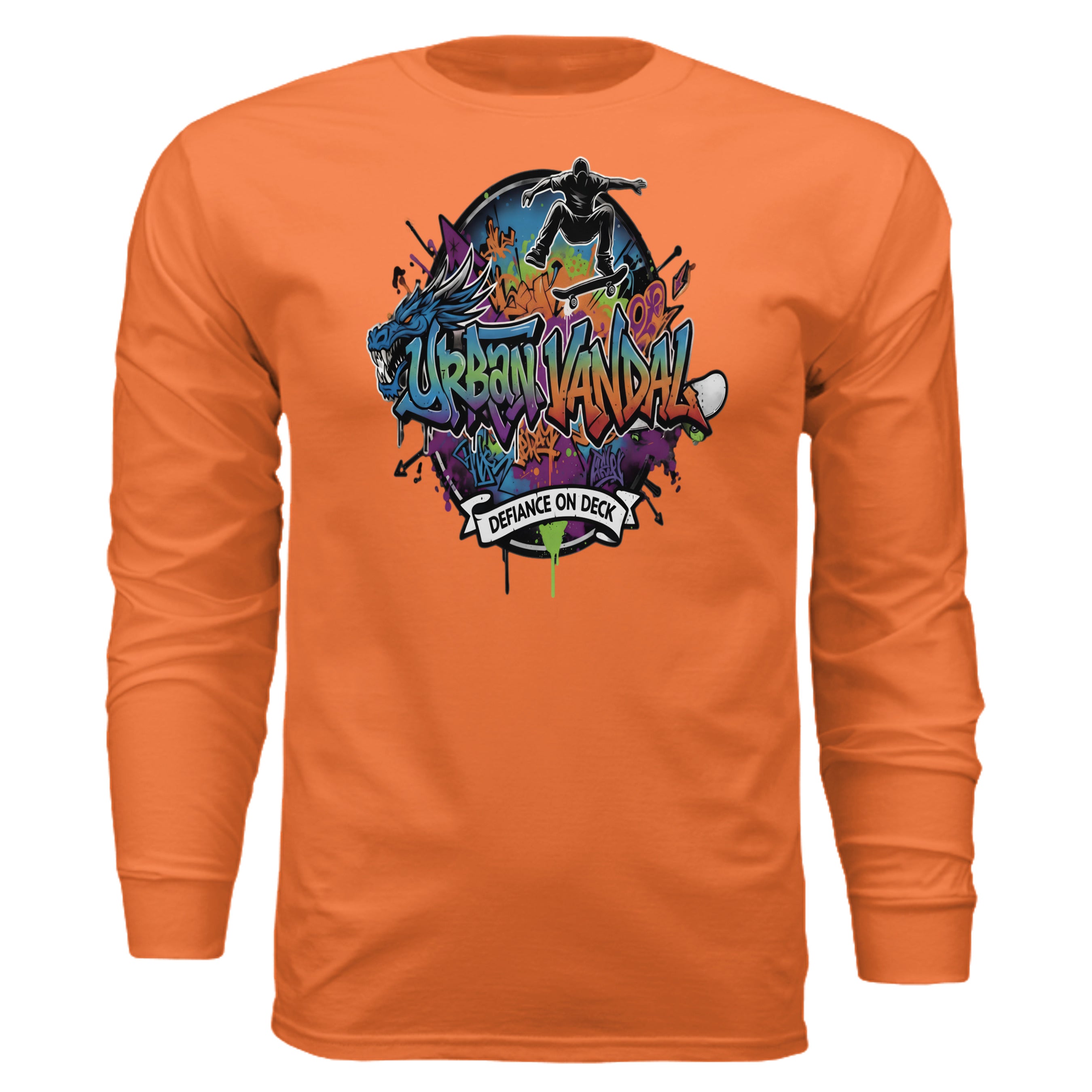 Urban Vandel: Defiance On Deck Long Sleeve shirt featuring bold graffiti skateboard graphic on orange fabric.