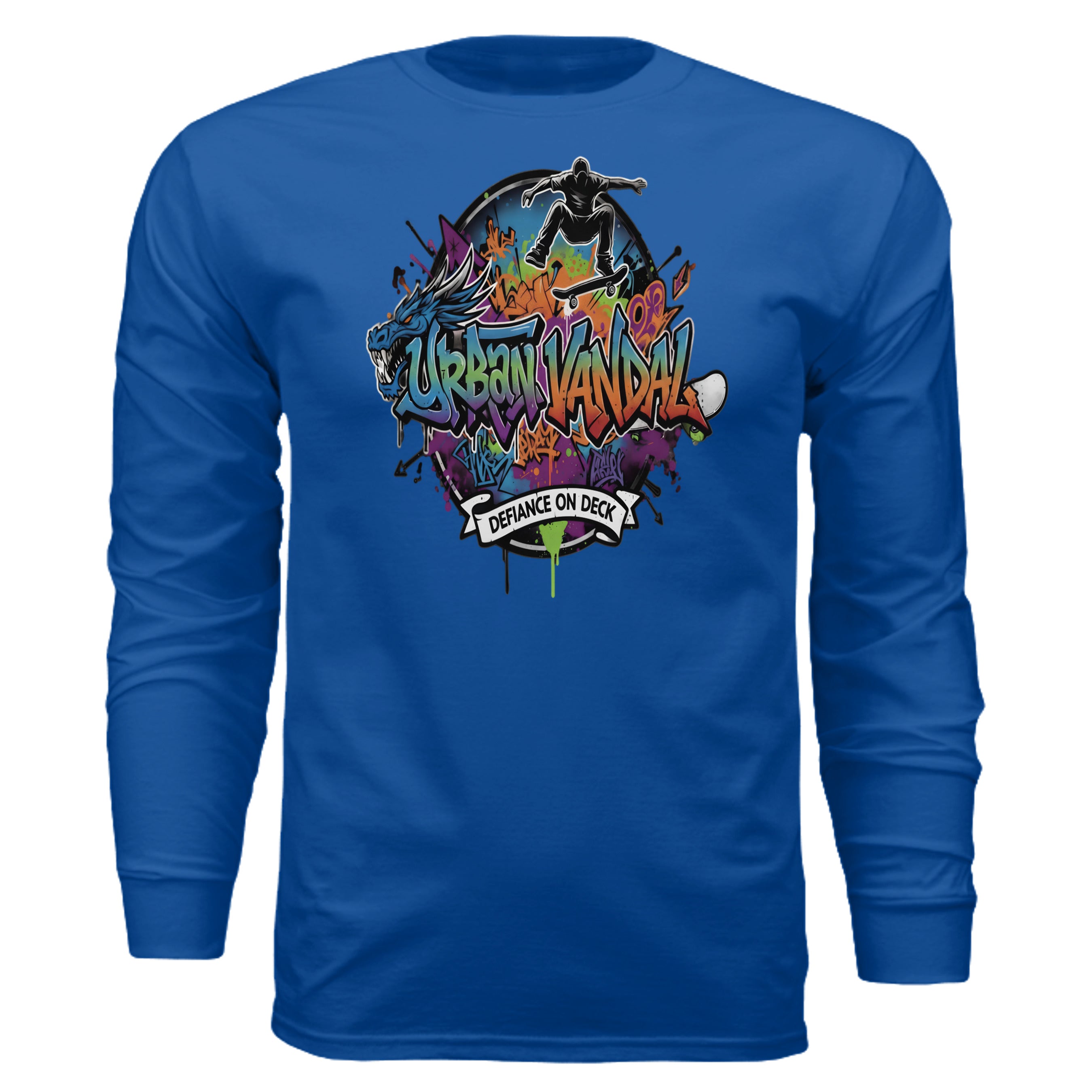 Urban Vandel: Defiance On Deck Long Sleeve tee with a skateboarder silhouette and graffiti design on blue fabric