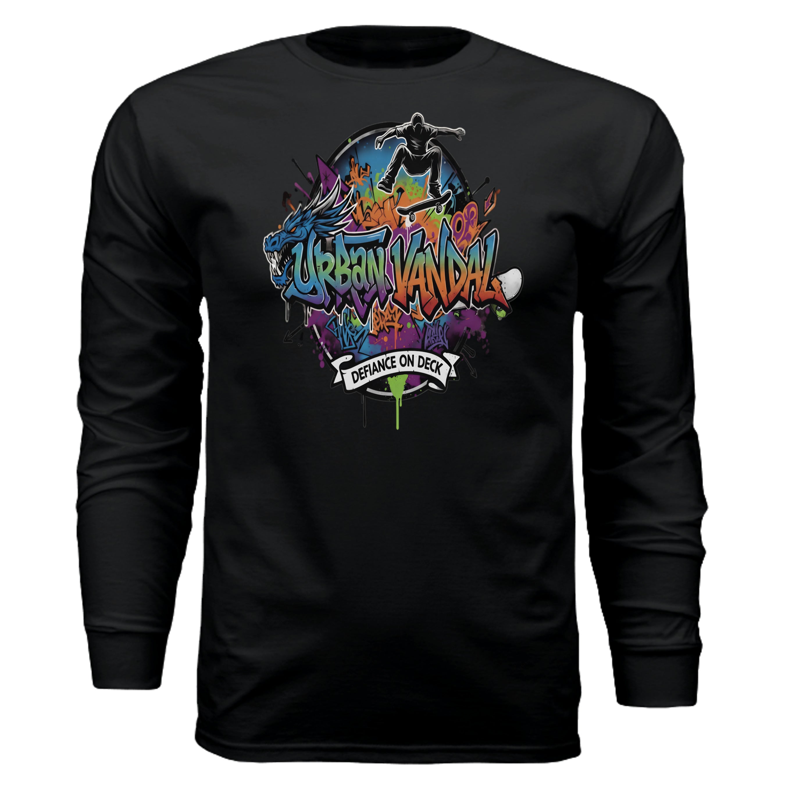 Urban Vandel Defiance On Deck long sleeve tee with vibrant graffiti and skateboarding artwork.