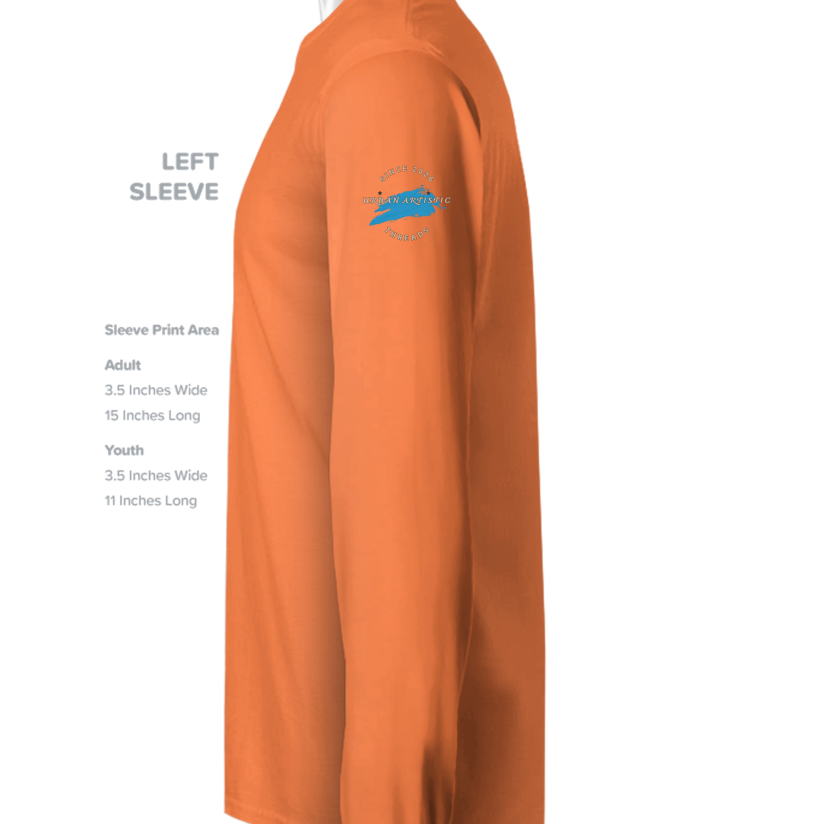 Orange Urban Vandel Defiance On Deck long sleeve with left sleeve blue brush logo reading Urban Artistic.