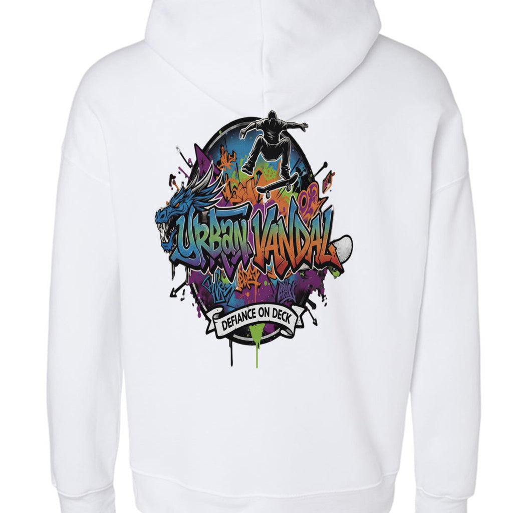 Urban Vandel Defiance on Deck Hoodie: white fleece with vibrant graffiti back art and skateboarder silhouette.