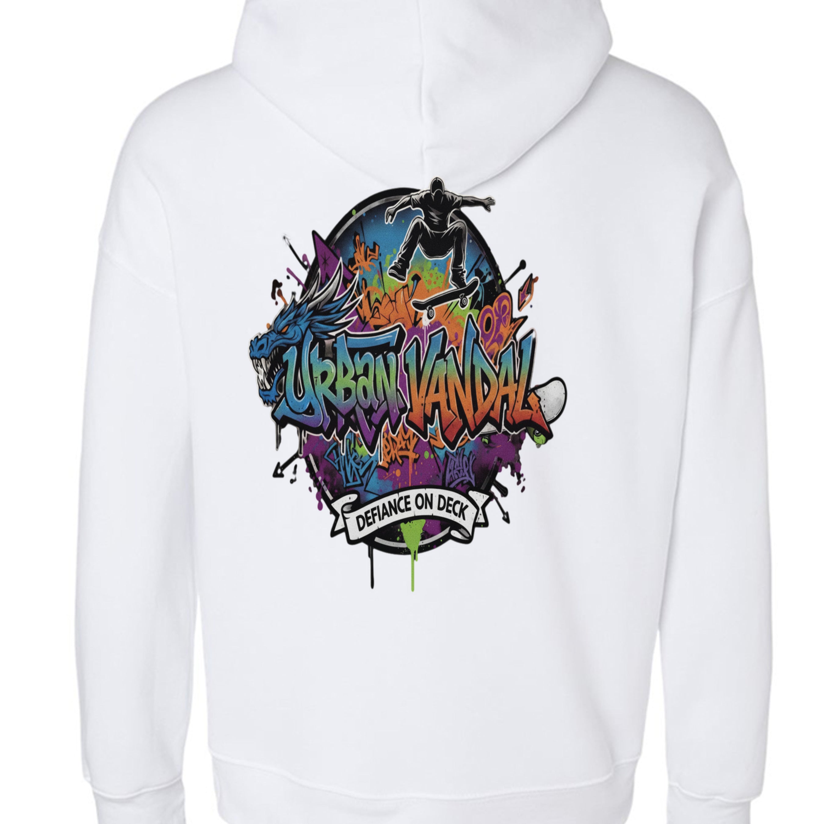 Urban Vandel Defiance on Deck Hoodie: white fleece with vibrant graffiti back art and skateboarder silhouette.