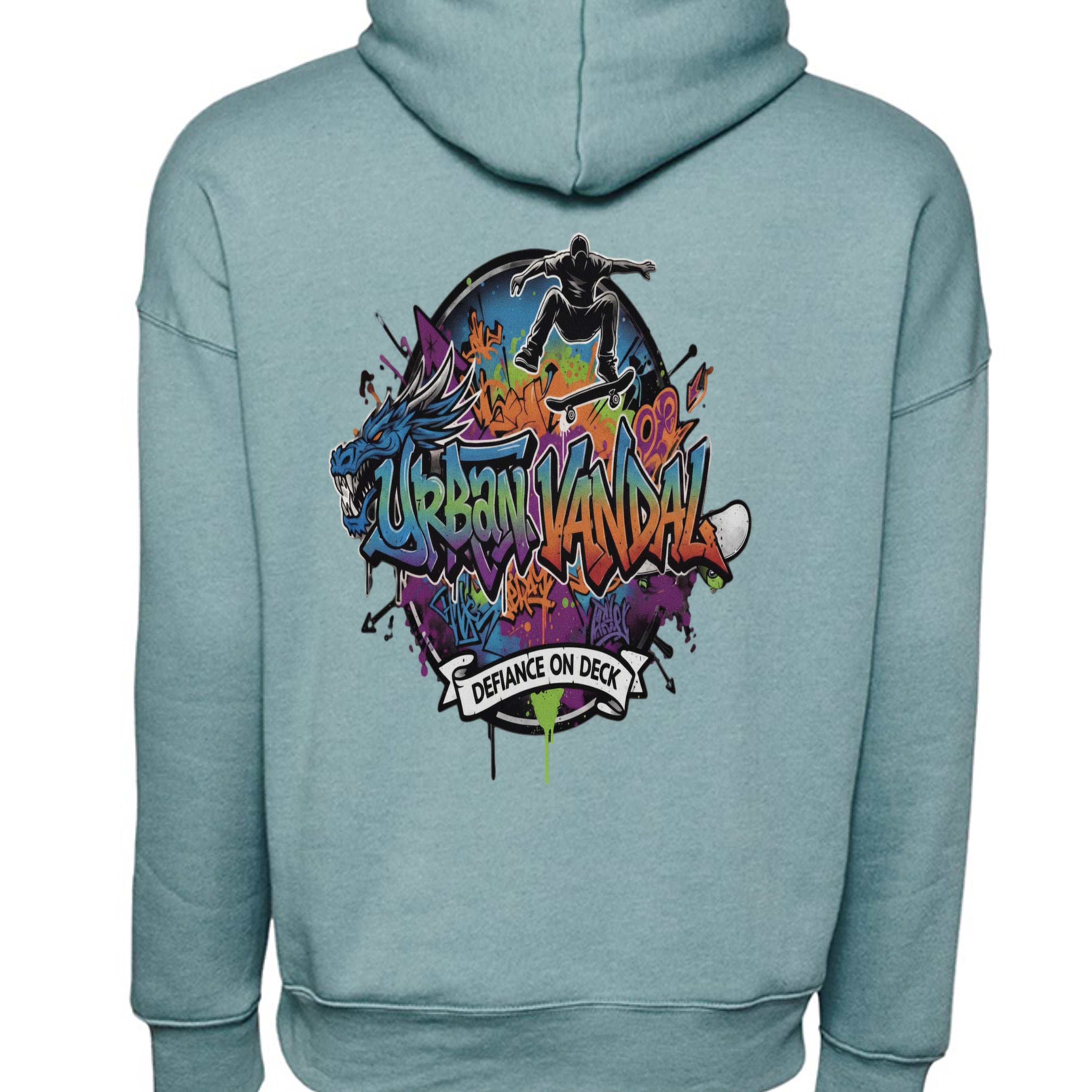 Urban Vandel: Defiance on Deck hoodie with vibrant graffiti mural and skateboard silhouette on back.