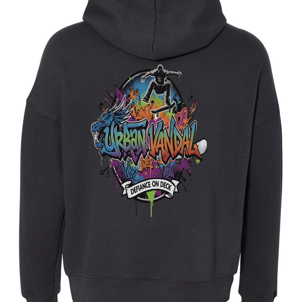 Back view of Urban Vandel Defiance on Deck Hoodie with vibrant graffiti art and skateboarder graphic.