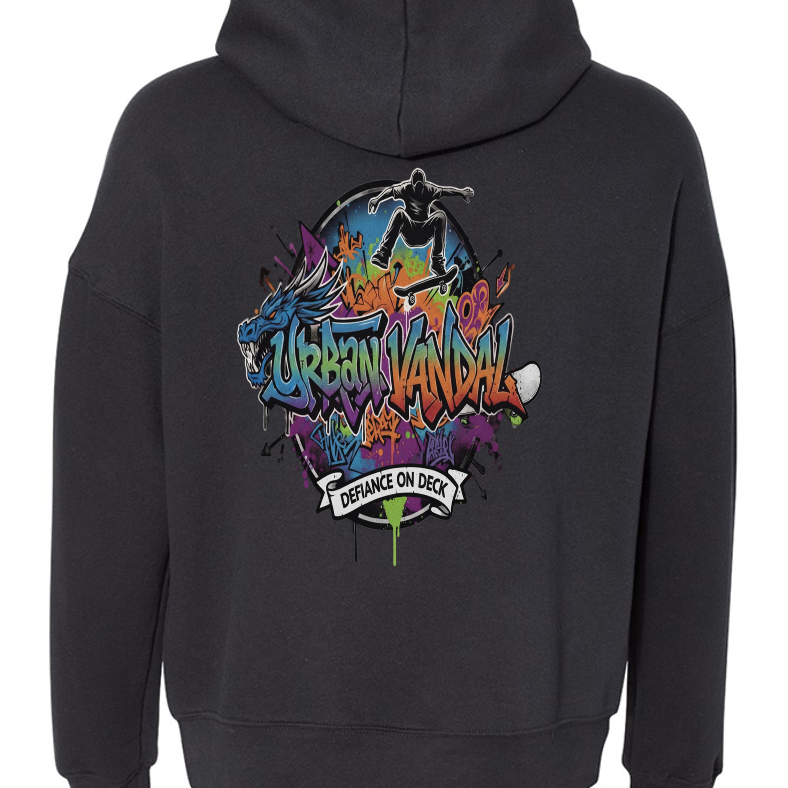 Back view of Urban Vandel Defiance on Deck Hoodie with vibrant graffiti art and skateboarder graphic.
