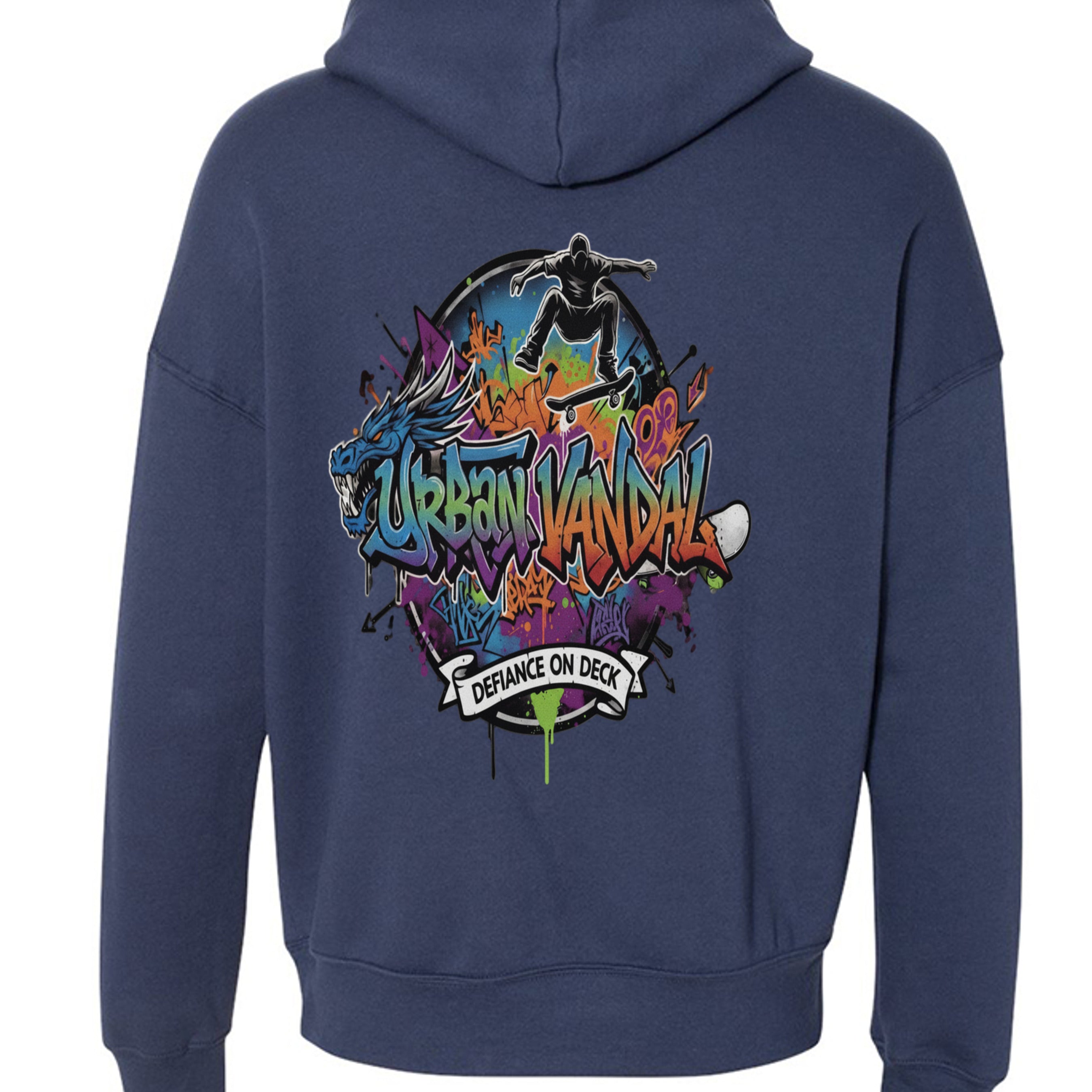 Back view of navy Urban Vandel Defiance on Deck Hoodie with colorful graffiti and a skateboarder motif.