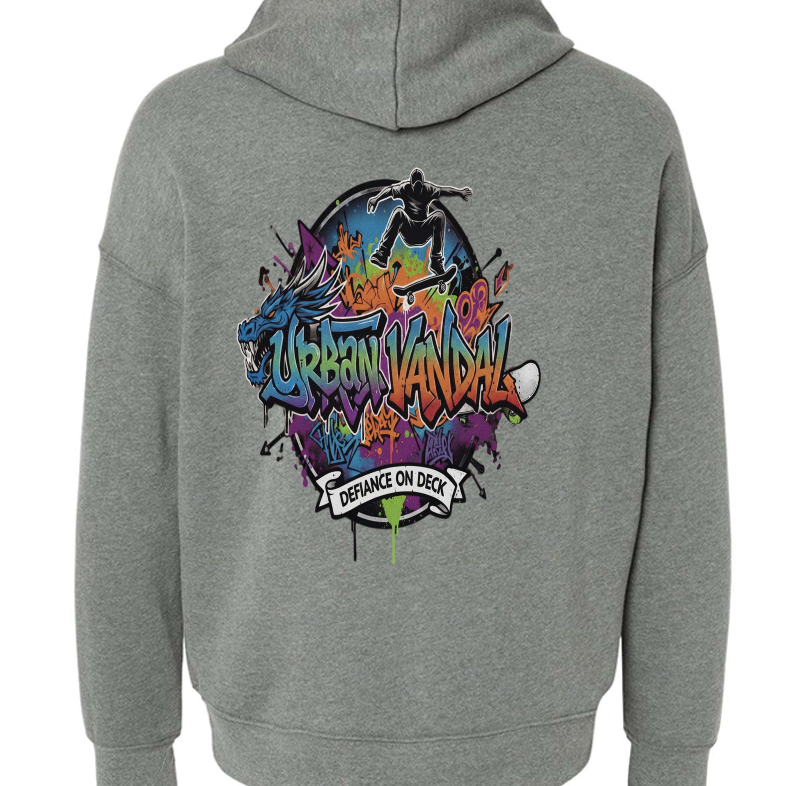 Urban Vandel Defiance on Deck Hoodie back graphic, vibrant graffiti skateboarder artwork on gray fleece.