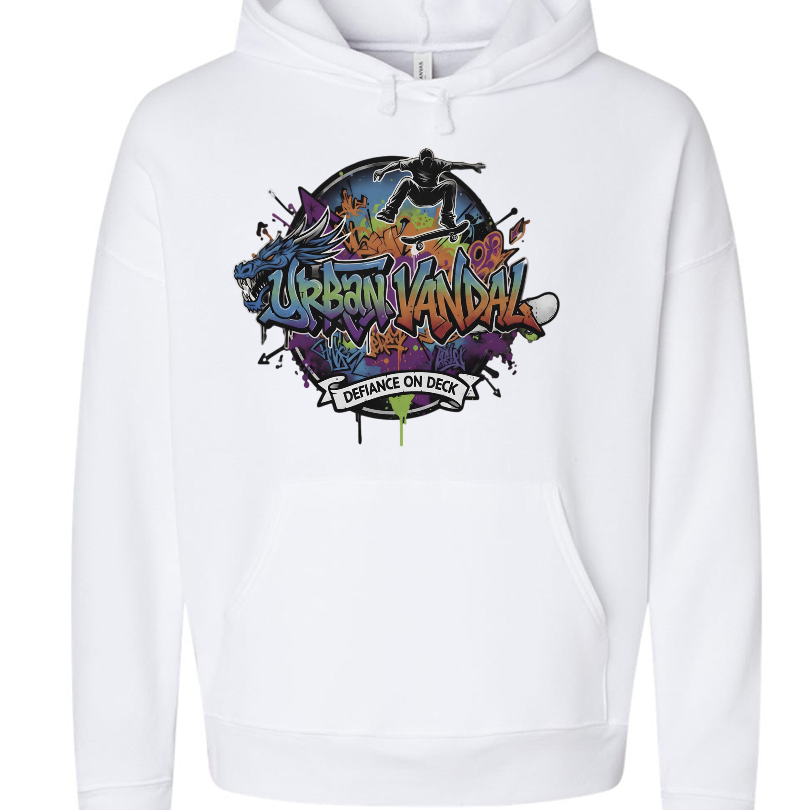 Urban Vandel: Defiance on Deck Hoodie with vibrant graffiti and a skateboarder silhouette on white fleece.